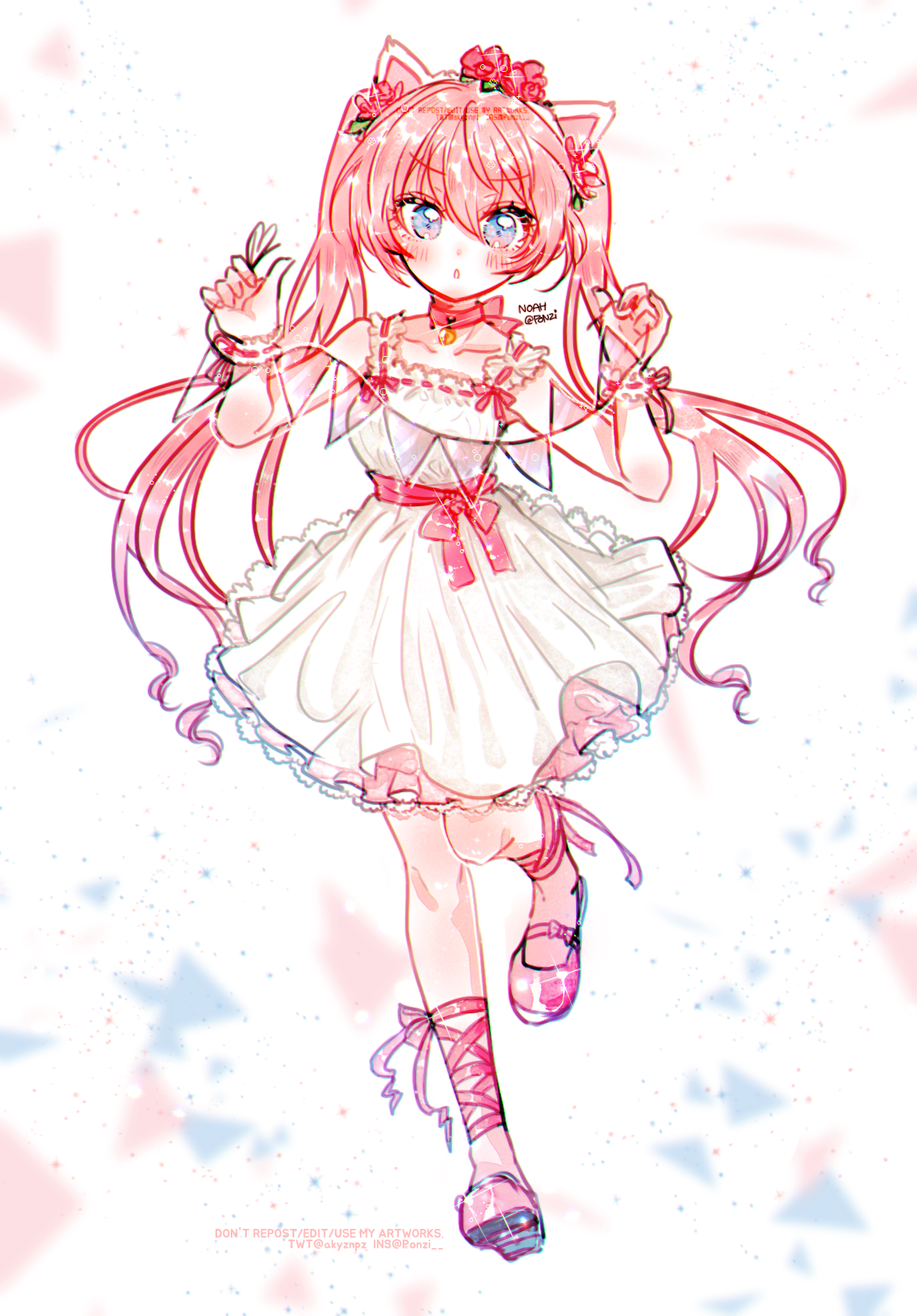ponji (ny7004), noah raymond, original, commentary, english commentary, highres, 1girl, :o, bare shoulders, bell, blue eyes, bow, bow choker, character name, choker, collarbone, dot nose, dress, expressionless, eyelashes, fingernails, flower, footwear bow, frilled dress, frilled wrist cuffs, frills, full body, furrowed brow, hair between eyes, hair flower, hair ornament, holding, holding string, instagram username, knees, leg ribbon, leg up, light blush, light particles, long hair, mary janes, neck bell, open mouth, pink bow, pink choker, pink flower, pink hair, pink ribbon, pink shoes, pink wrist cuffs, pleated dress, ribbon, ribbon-trimmed dress, ribbon trim, shoes, short dress, sleeveless, sleeveless dress, solo, string, tareme, triangle background, twintails, twitter username, very long hair, waist bow, watermark, wavy hair, white background, white dress, wrist cuffs, wrist ribbon