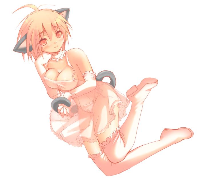 ninoko, original, animal ears, blush, breasts, cat ears, cat tail, elbow gloves, gloves, panties, see-through clothes, short hair, skirt, solo, tail, thighhighs, underwear, zettai ryouiki