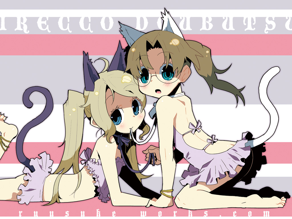 wada arco, animal ears, ass, cat ears, collar, flat chest, glasses, leash, loli, no panties, twintails