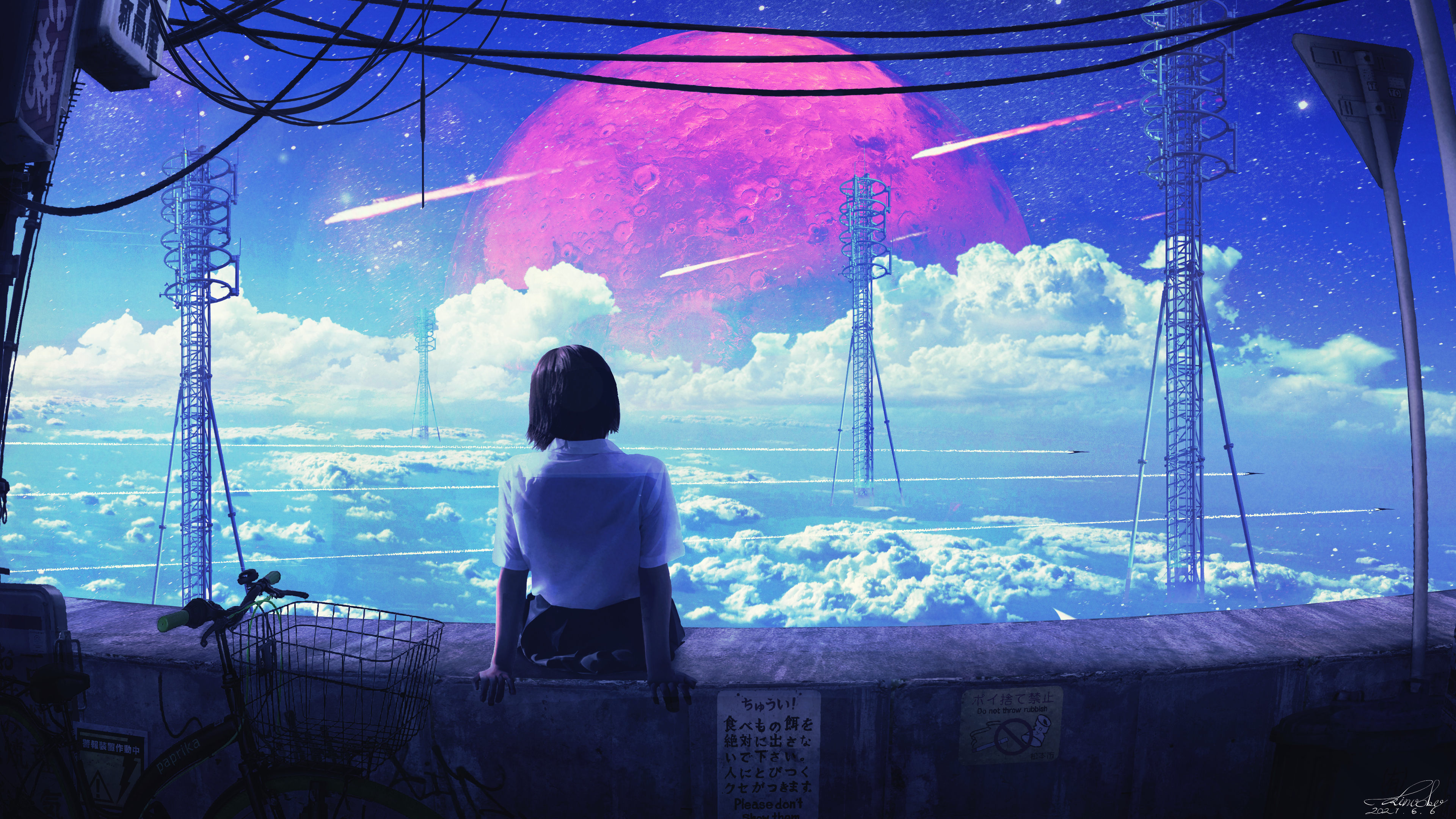 kinoko no sato, original, absurdres, commentary request, highres, translation request, 1girl, above clouds, aircraft, bicycle, black hair, black skirt, bob cut, cloud, contrail, dated, day, from behind, meteor shower, outdoors, planet, pleated skirt, scenery, school uniform, shirt, short hair, short sleeves, sign, signature, sitting, skirt, sky, solo, star (sky), starry sky, tower, white shirt