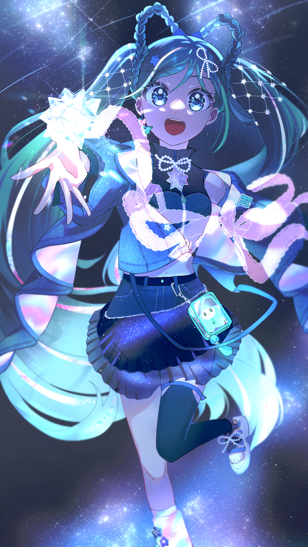 n 88, hatsune miku, magical mirai miku, magical mirai miku (2025), magical mirai (vocaloid), vocaloid, highres, aqua eyes, aqua hair, blue jacket, blue skirt, blue thighhighs, braid, braided hair rings, breasts, earrings, hair ornament, hair rings, heart, heart earrings, jacket, jewelry, long hair, lustrous (vocaloid), medium breasts, official alternate costume, official alternate hairstyle, open clothes, open jacket, open mouth, reaching, shirt, single earring, single thighhigh, skirt, sleeveless, sleeveless shirt, small stellated dodecahedron, smile, star (symbol), star hair ornament, thighhighs, twintails, very long hair