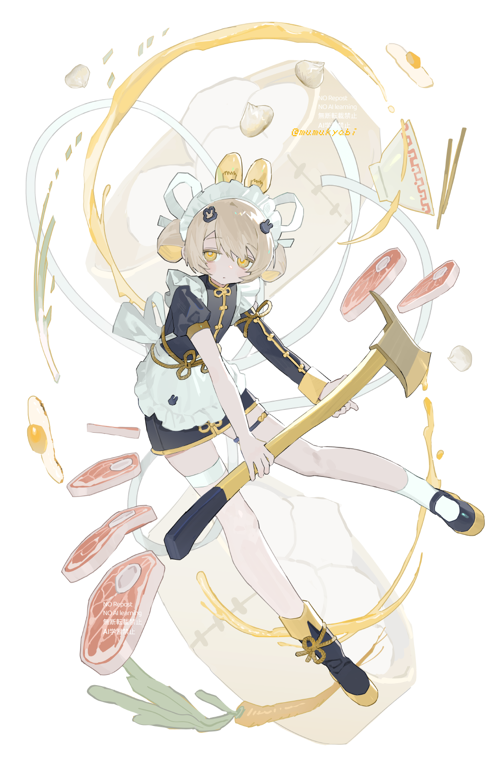 mumukyabi, original, commentary, highres, 1girl, apron, axe, black shoes, black shorts, blonde hair, carrot, cup, frilled apron, frills, frown, full body, gold trim, hair rings, holding, holding axe, looking at viewer, mismatched shoes, shoes, shorts, simple background, single sleeve, sliced meat, socks, solo, teacup, waist apron, watermark, white apron, white background, white socks, yellow eyes