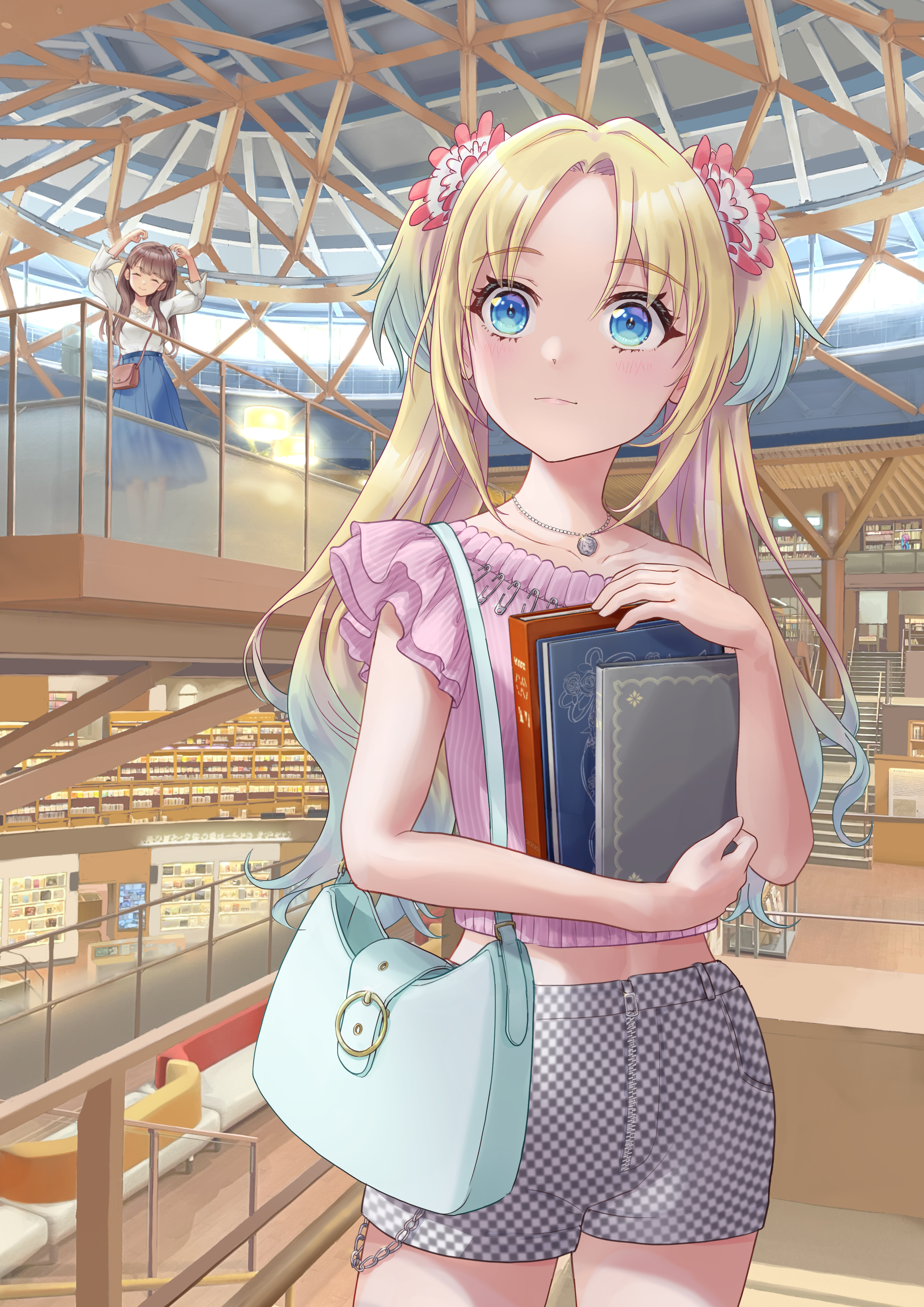 kobassy, fujishima megumi, fujishima megumi (summer casual), osawa rurino, osawa rurino (summer casual), link! like! love live!, love live!, absurdres, commentary, highres, 2girls, arms up, bag, blonde hair, blue bag, blue eyes, blue hair, blue skirt, blush, book, brown hair, closed eyes, cowboy shot, gradient hair, grey shorts, hair ornament, holding, holding book, indoors, ishikawa prefectural library, ishikawa prefecture, jacket, kanazawa (city), long hair, long sleeves, medium skirt, multicolored hair, multiple girls, no jacket, official alternate costume, pink shirt, real world location, ribbed shirt, scarf, shirt, short shorts, short sleeves, shorts, shoulder bag, single off shoulder, skirt, smile, solo focus, standing, virtual youtuber, white jacket, white shirt