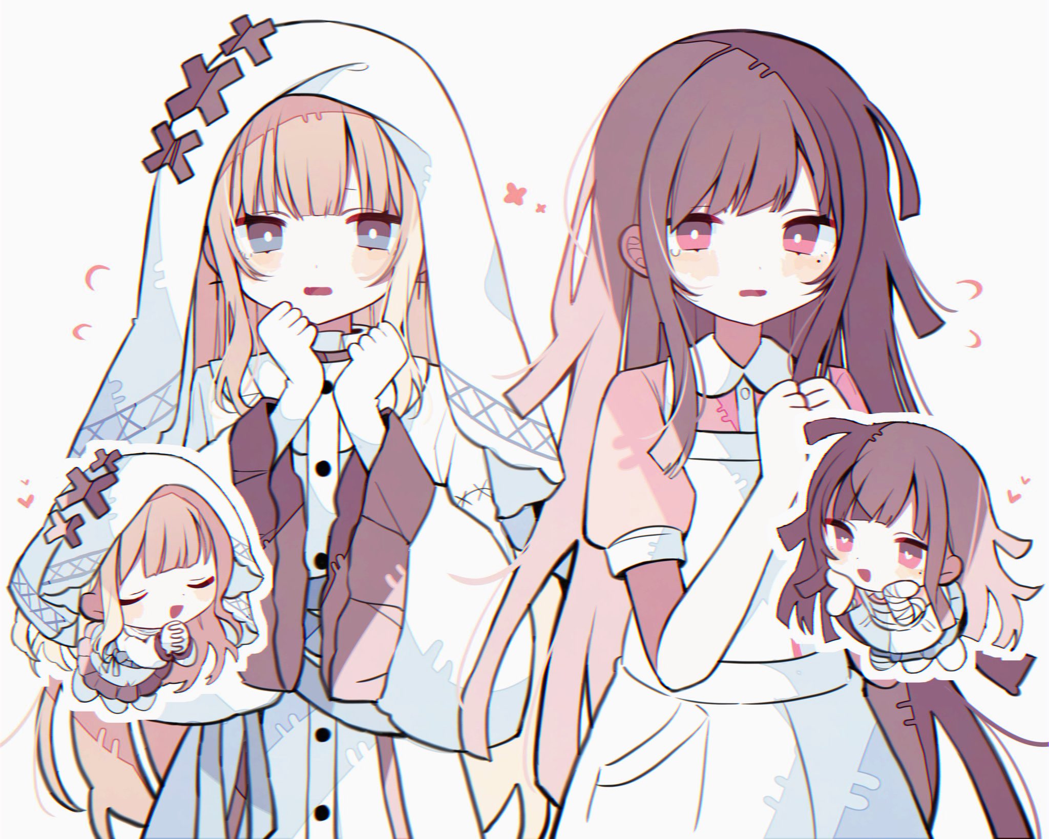 hikami meruru, tsumiki mikan, danganronpa (series), danganronpa 2: goodbye despair, mahou shoujo no majo saiban, highres, 2girls, apron, bandaged arm, bandaged leg, bandages, blonde hair, blue eyes, brown hair, cross, cross earrings, dress, earrings, flustered, frilled sleeves, frills, heart, heart-shaped pupils, hime cut, jewelry, long hair, looking at viewer, magical girl, mole, mole under eye, multicolored eyes, multiple girls, own hands clasped, own hands together, parted lips, pink eyes, pink shirt, priestess, shirt, simple background, su (su rkgk), sweatdrop, symbol-shaped pupils, two-tone eyes, upper body, veil, very long hair, white apron, white background, white dress, white veil