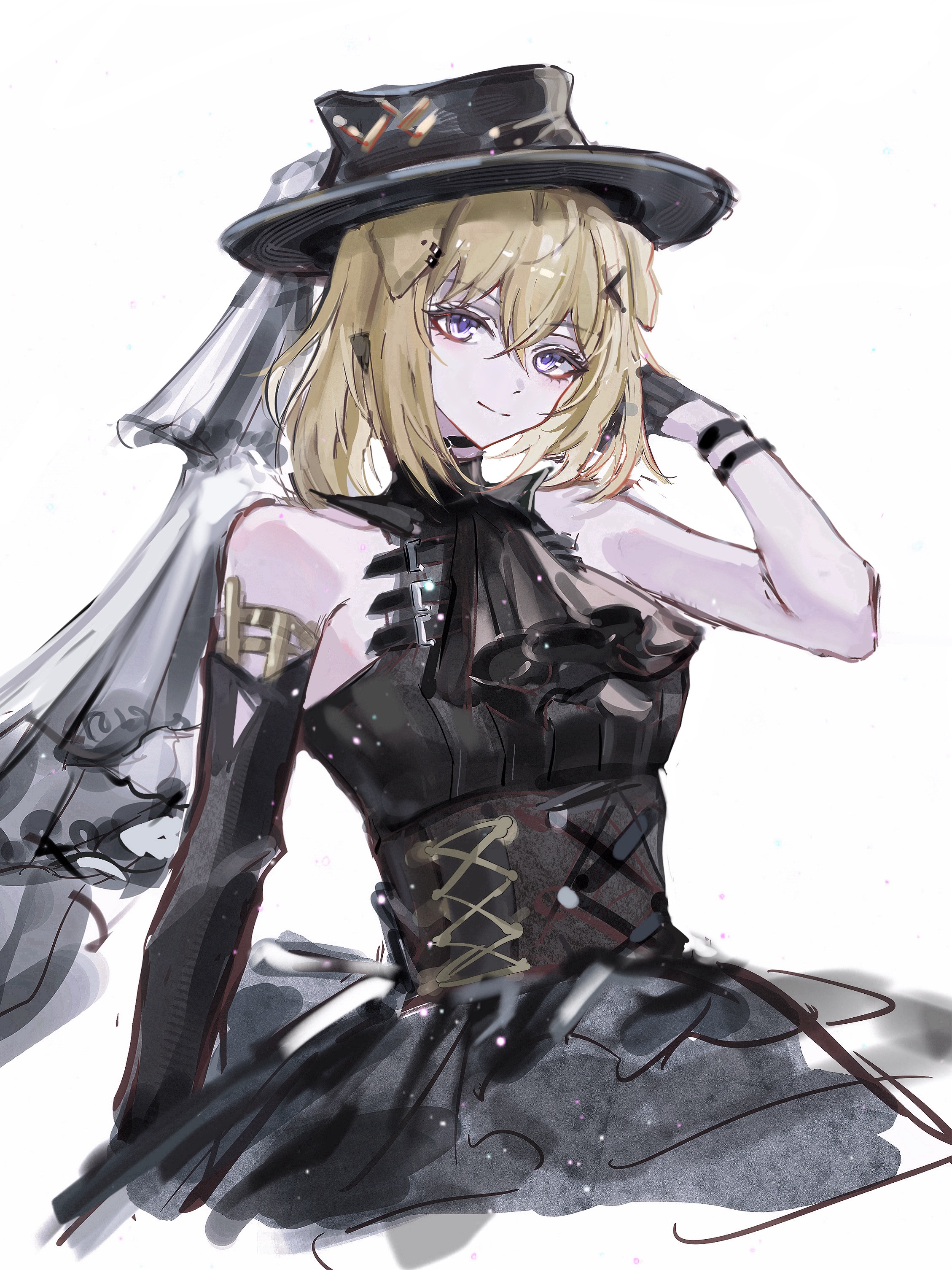 zhishi mao tiao, misumi uika, arknights, bang dream!, bang dream! it's mygo!!!!!, absurdres, highres, 1girl, ascot, asymmetrical gloves, bare shoulders, black ascot, black dress, black gloves, black hat, blonde hair, closed mouth, crossed bangs, dress, elbow gloves, gloves, hair between eyes, hair ornament, hat, looking at viewer, misumi uika (caged singer), official alternate costume, purple eyes, short hair, simple background, single elbow glove, smile, solo, uneven gloves, white background, x hair ornament