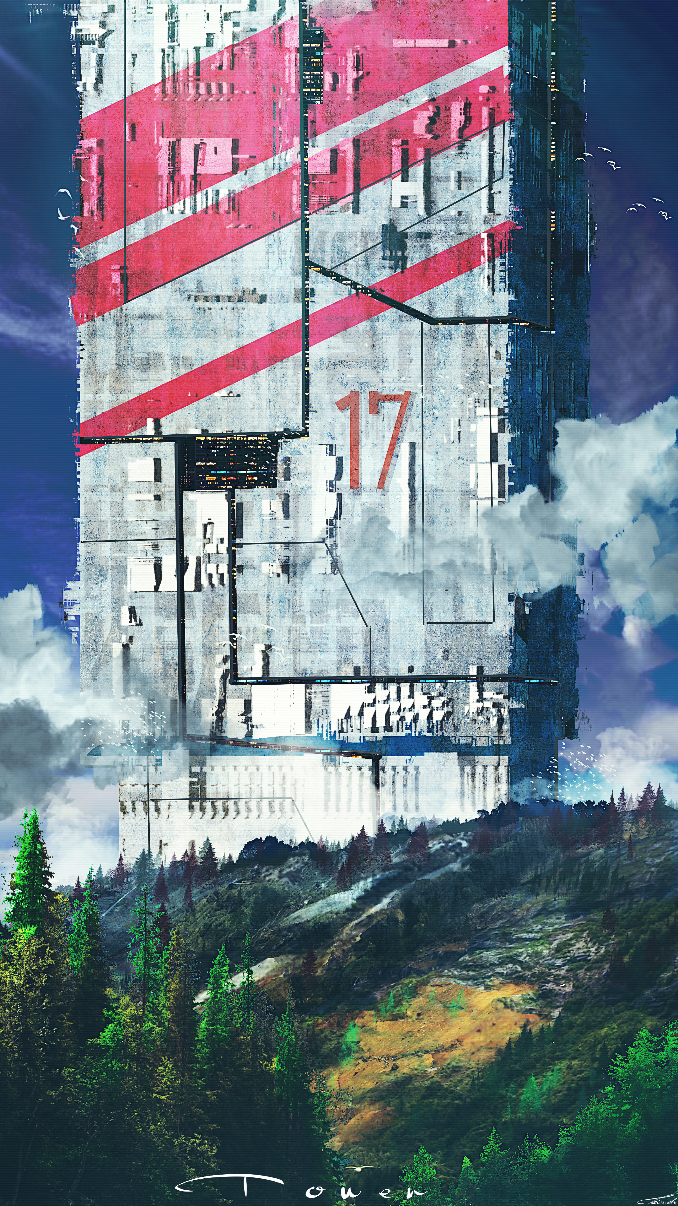 kinoko no sato, original, absurdres, commentary, english commentary, highres, blue sky, building, cloud, day, english text, fir tree, forest, hill, nature, no humans, outdoors, scenery, science fiction, simple bird, sky, tower, tree