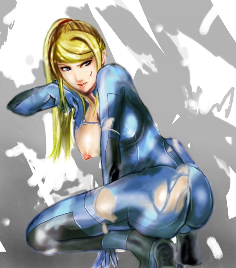 samus aran, metroid, metroid: zero mission, nintendo, 1girl, arm support, ass, blonde hair, blood, blue eyes, bodysuit, breasts, female focus, large breasts, long hair, nipples, open clothes, open shirt, ponytail, shirt, solo, spandex, squatting, torn clothes, zero suit