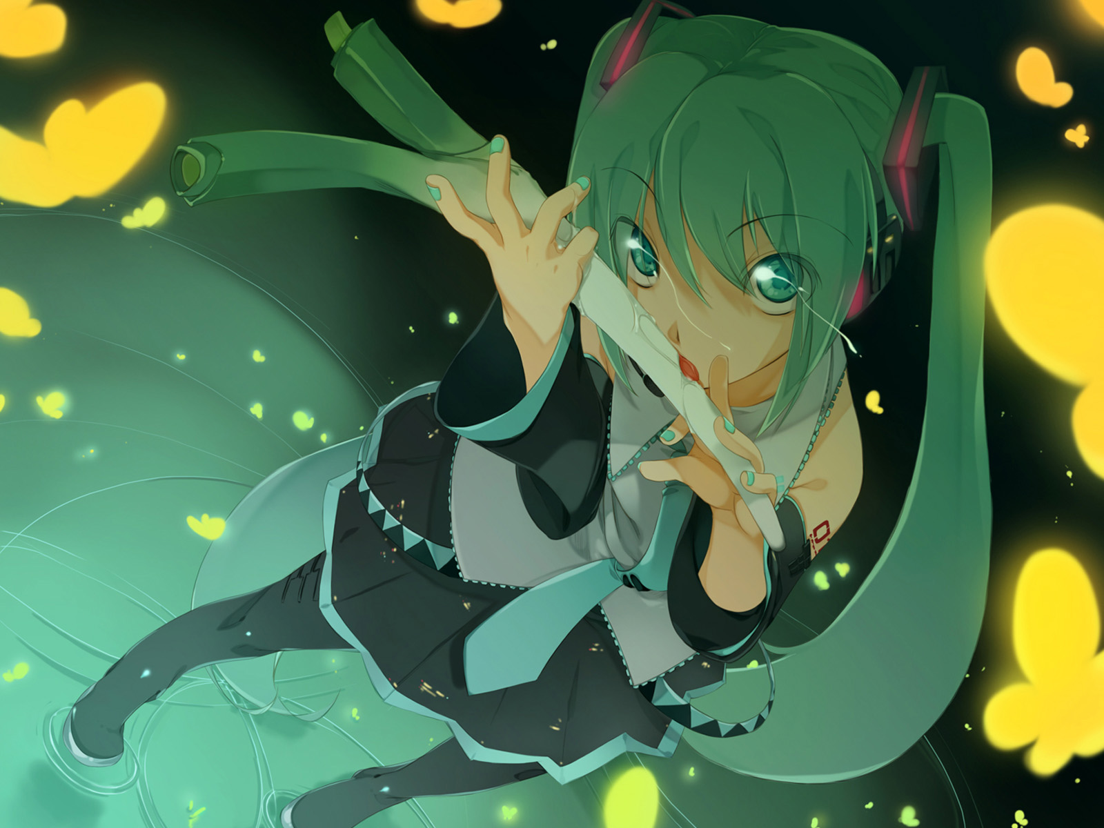 maruku, hatsune miku, vocaloid, vocaloid2, highres, bare shoulders, blue eyes, blue hair, bug, butterfly, detached sleeves, flat chest, green eyes, green hair, insect, licking, long hair, nail polish, necktie, saliva, sexually suggestive, spring onion, thighhighs, twintails, very long hair, water