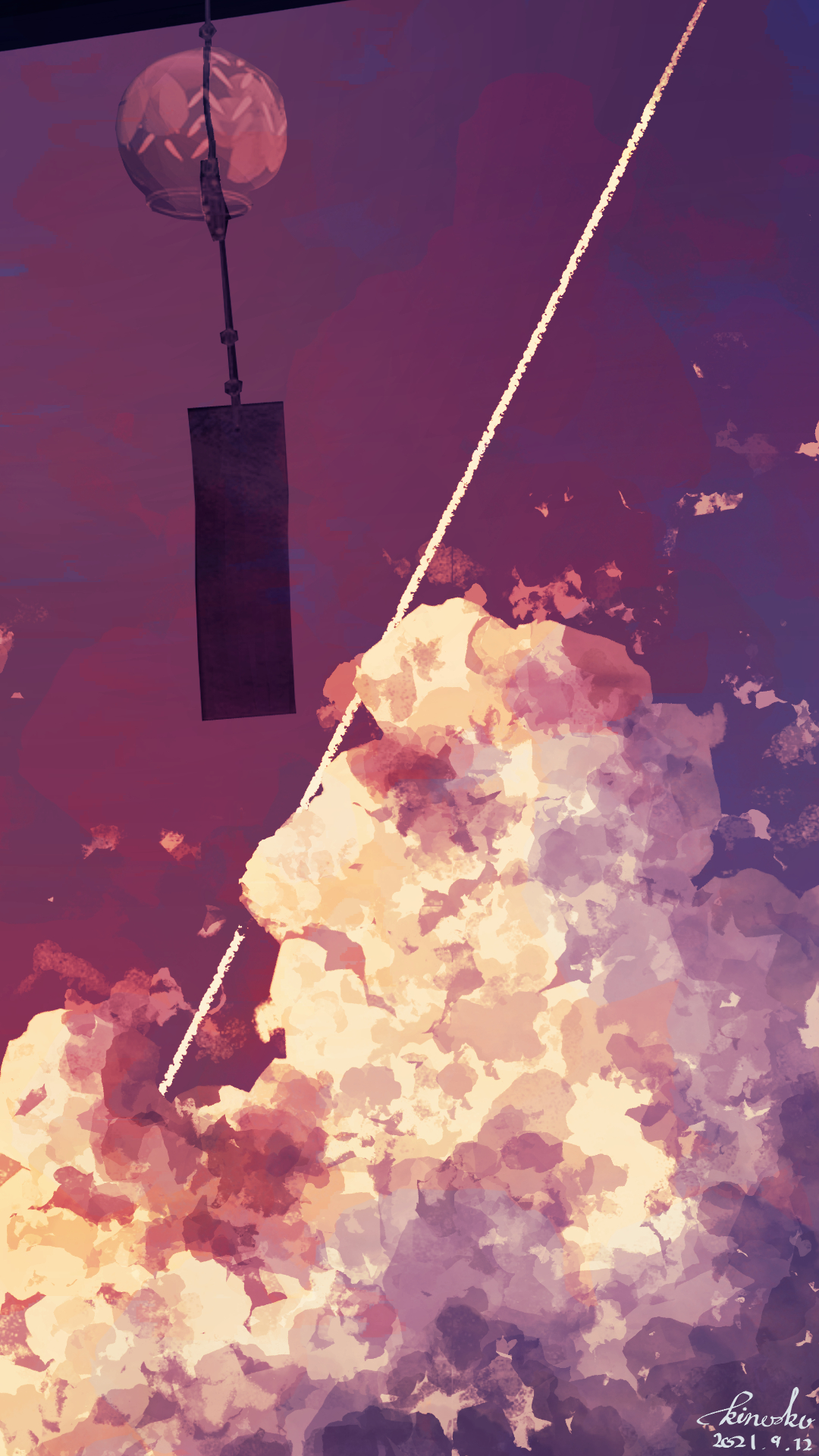 kinoko no sato, original, commentary request, highres, artist name, cloud, contrail, dated, purple sky, scenery, signature, sky, wind chime