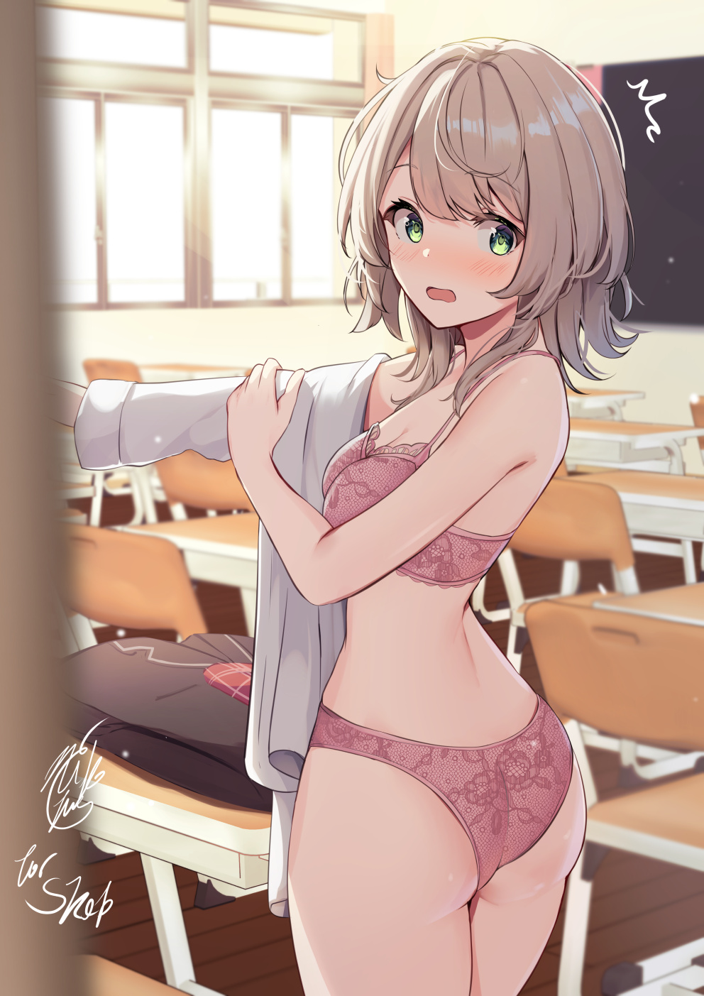 niko kusa, original, commentary request, highres, partial commentary, 1girl, bra, breasts, brown hair, classroom, dressing, from behind, green eyes, lace, lace bra, lace panties, looking at viewer, looking back, medium breasts, medium hair, open mouth, panties, pink bra, pink panties, shirt, signature, standing, surprised, underwear, unworn clothes, white shirt