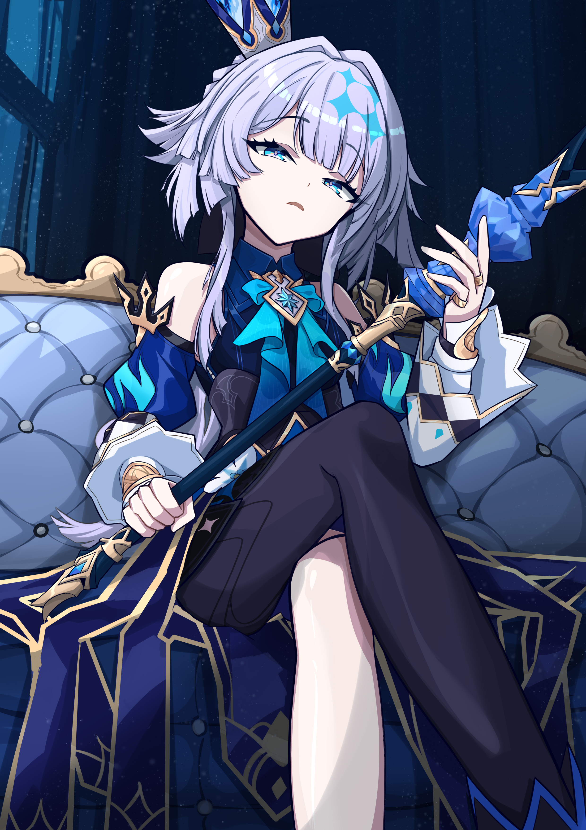 mutsu aya, cerydra (honkai: star rail), honkai: star rail, honkai (series), absurdres, highres, 1girl, aqua eyes, asymmetrical legwear, blue shirt, collared shirt, crossed legs, crown, detached sleeves, grey hair, holding, holding wand, jewelry, long hair, long sleeves, mini crown, open mouth, ring, shirt, sitting, sleeveless, sleeveless shirt, solo, tilted headwear, wand