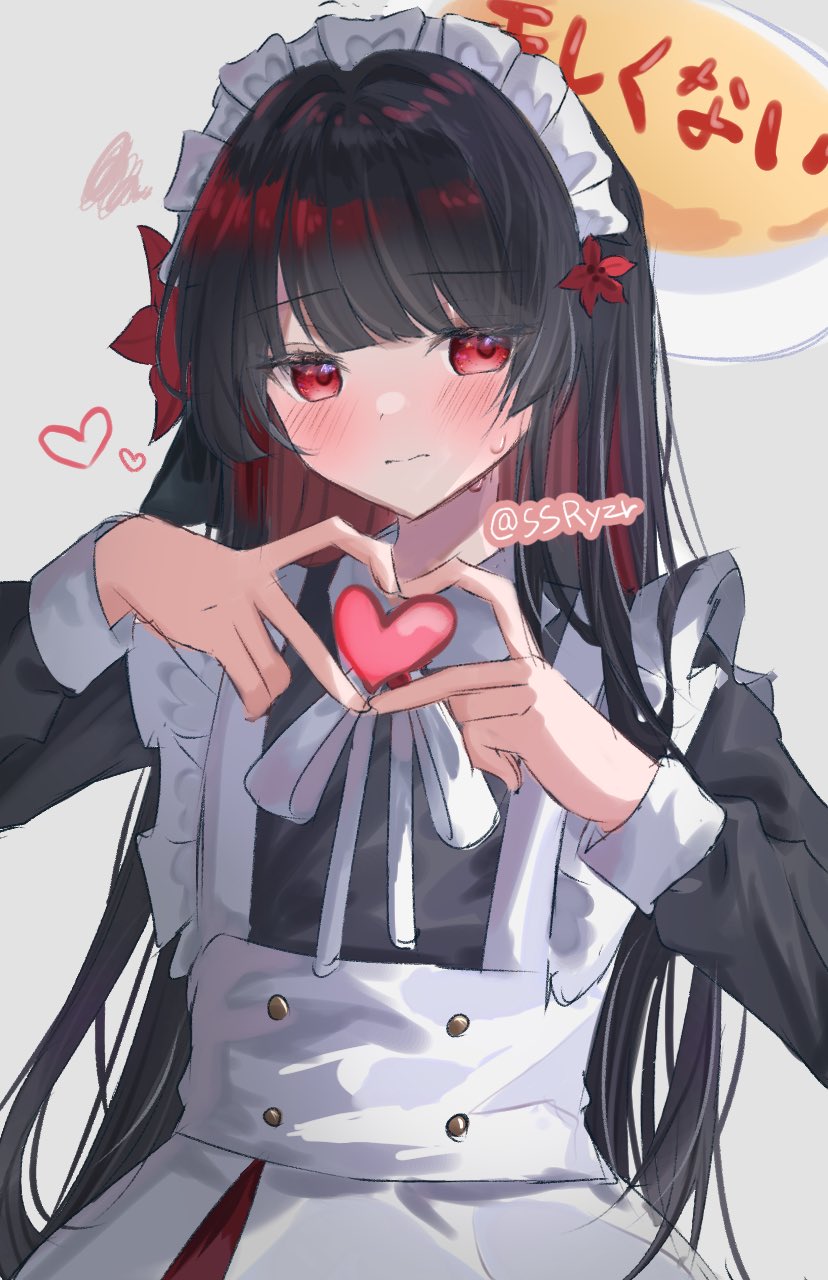 nikaidou hiro, mahou shoujo no majo saiban, highres, 1girl, apron, black dress, black hair, blush, craeyta vani ta, dress, flustered, food, four-finger heart hands, frilled apron, frills, grey background, heart, heart hands, long hair, looking at viewer, maid, maid apron, maid headdress, omelet, omurice, red eyes, simple background, solo, squiggle, twitter username, upper body, very long hair, white apron