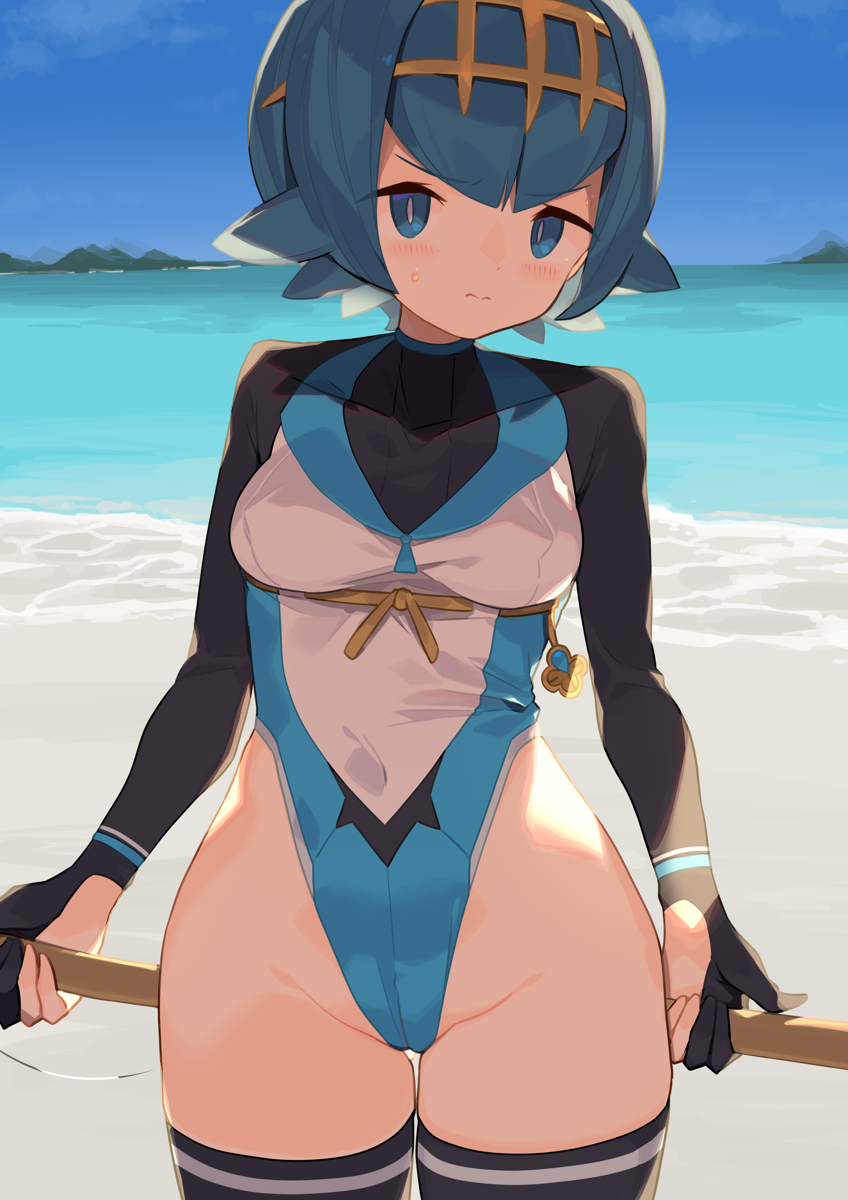 spring2013, lana (pokemon), nintendo, pokemon, pokemon sm, highres, 1girl, alternate costume, beach, black thighhighs, blue eyes, blue hair, blue sky, breasts, closed mouth, cloud, day, gloves, highleg, highleg leotard, leotard, looking at viewer, medium breasts, ocean, outdoors, partially fingerless gloves, short hair, sky, solo, thighhighs, wide hips