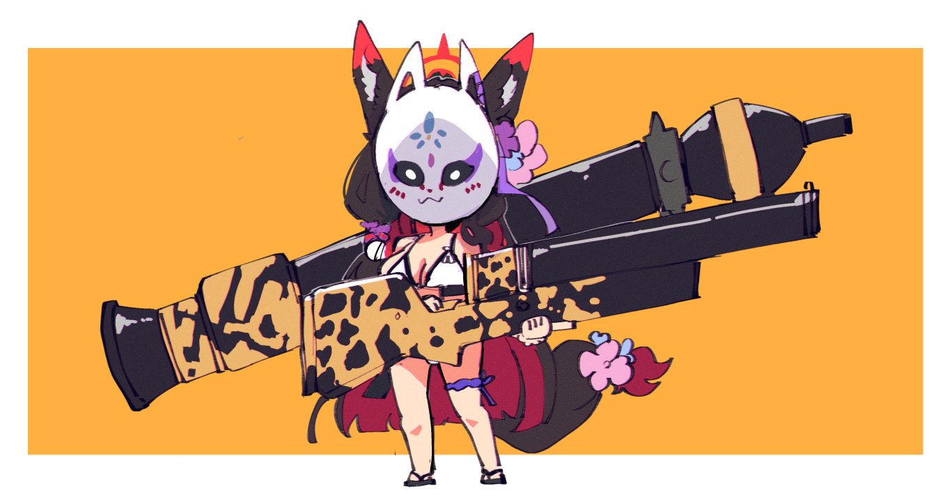 kinzaibatsu91, wakamo (blue archive), wakamo (swimsuit) (blue archive), blue archive, 1girl, animal ears, black hair, chibi, flower, fox ears, fox girl, gun, hair flower, hair ornament, holding, holding gun, holding weapon, long hair, m1 bazooka, mask, multicolored hair, red hair, rocket launcher, sandals, shotgun, simple background, solo, standing, swimsuit, thigh strap, very long hair, weapon, white background, yellow background