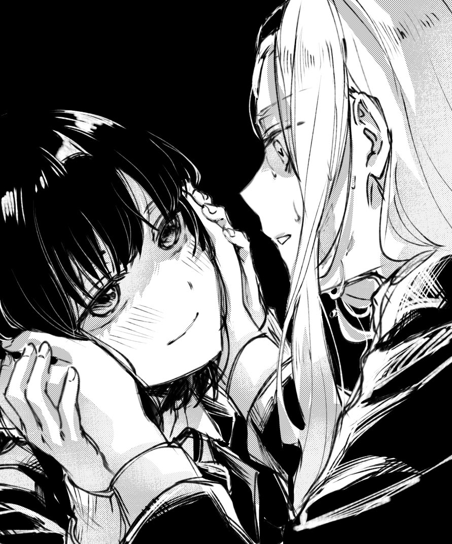 zenma trang, kirarazaka marina, kuze shizuka, takopii no genzai, commentary, hashtag-only commentary, 2girls, black background, blazer, blush, closed mouth, collared shirt, face-to-face, hands on another's cheeks, hands on another's face, hands on another's hands, heart, heart-shaped pupils, jacket, long hair, long sidelocks, long sleeves, multiple girls, nervous sweating, open clothes, open jacket, school uniform, shirt, sidelocks, simple background, smile, sweat, sweater, symbol-shaped pupils, yuri