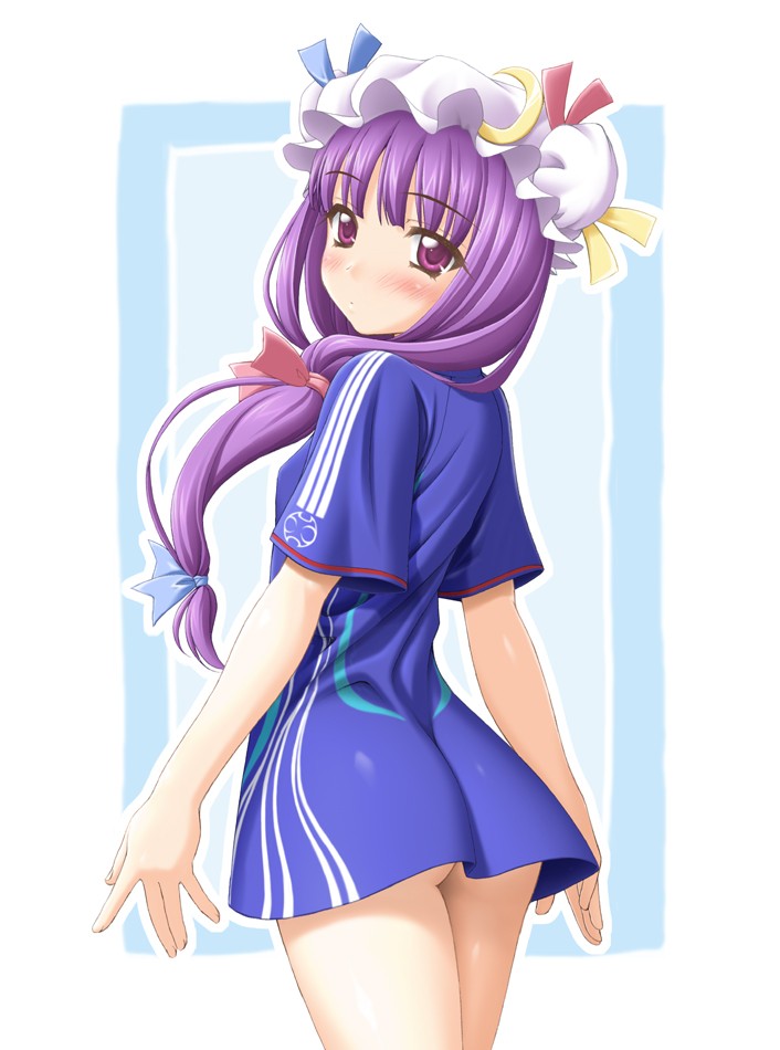 patchouli knowledge, touhou, 1girl, ass, blush, female focus, hat, long hair, no panties, playing sports, solo
