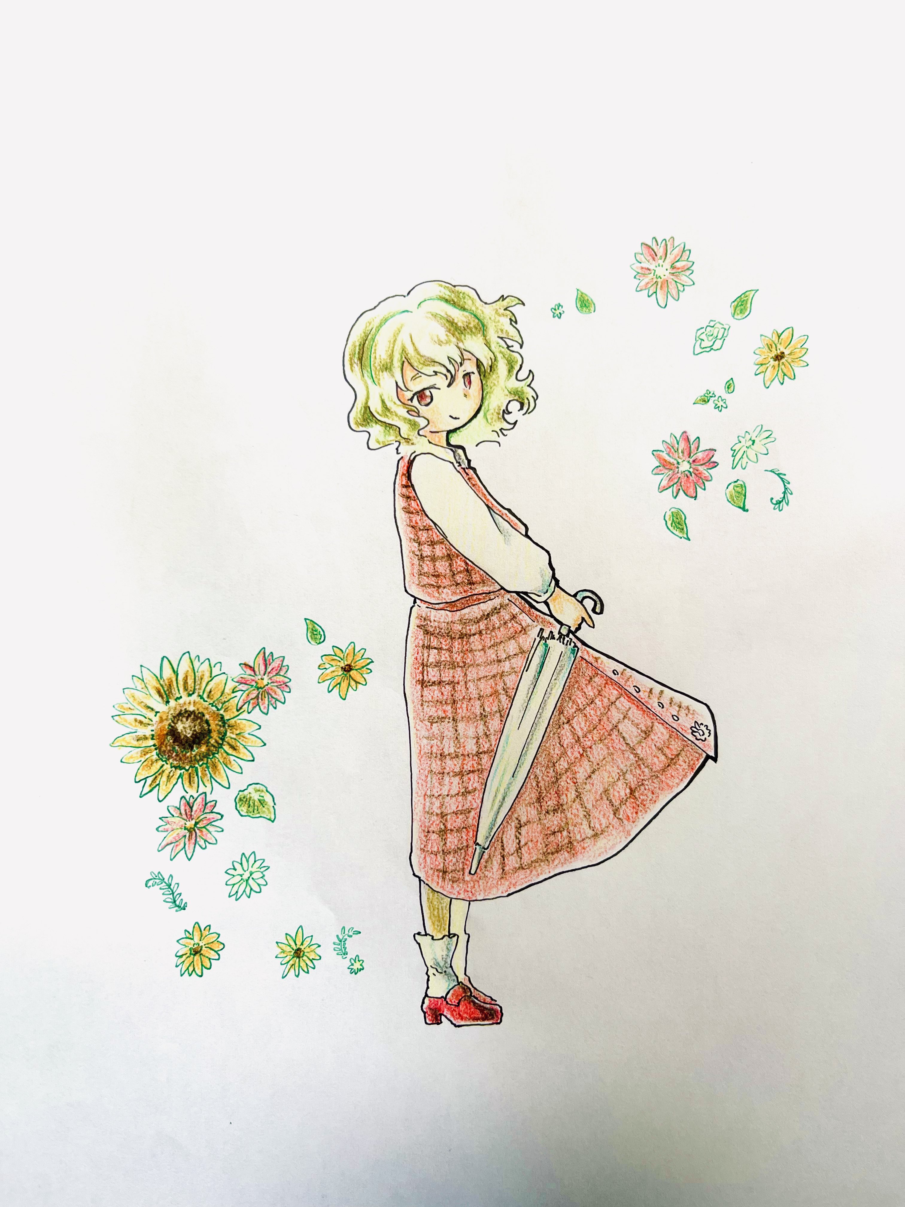 matsumoto oka, kazami yuuka, touhou, absurdres, colored pencil (medium), highres, traditional media, 1girl, flower, from side, full body, green hair, holding, holding umbrella, long sleeves, looking to the side, medium hair, red eyes, shirt, sleeveless, solo, umbrella, white background, white shirt