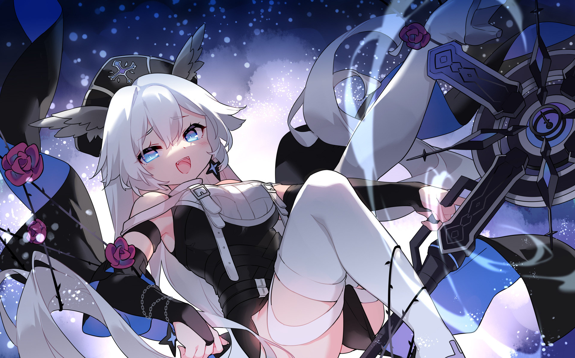 saru, higan: eruthyll, chinese commentary, highres, 1girl, :d, bare shoulders, belt, belt buckle, black belt, black bridal gauntlets, black dress, black hat, blue eyes, boots, breasts, bridal gauntlets, buckle, chain, chain bracelet, cross, detached sleeves, dress, earrings, fangs, feet out of frame, flower, flower ornament, hat, high heel boots, high heels, holding, holding staff, isa (higan: eruthyll), jewelry, knee up, large breasts, leg up, long hair, looking at viewer, mitre, nun, open mouth, pelvic curtain, pink flower, pink rose, plant, rose, shirt, sleeveless, sleeveless dress, smile, smug, snowing, solo, staff, star (symbol), star earrings, thigh boots, turtleneck, turtleneck dress, two-sided sleeves, vines, white belt, white boots, white hair, white shirt, wide sleeves, winged hat