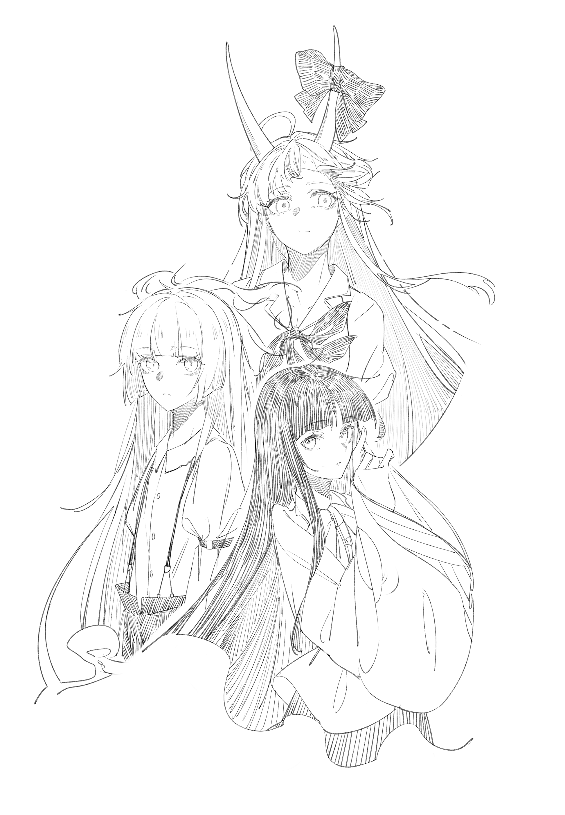 o (crazyoton46), fujiwara no mokou, houraisan kaguya, kamishirasawa keine, kamishirasawa keine (hakutaku), touhou, absurdres, highres, 3girls, black outline, greyscale, hime cut, horns, long hair, looking at viewer, monochrome, multiple girls, outline, upper body, very long hair, white background