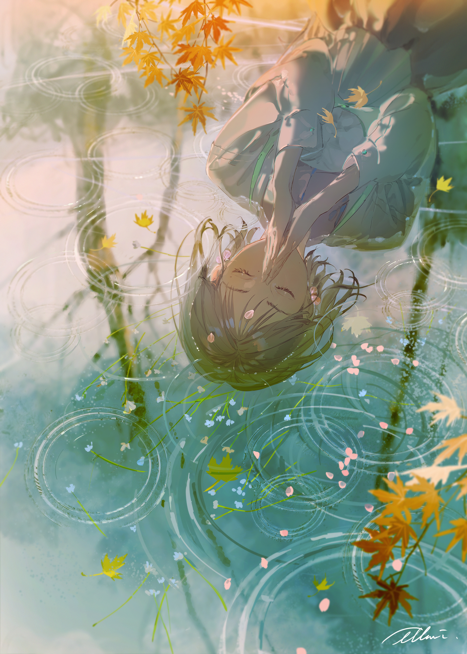 illumi999, original, absurdres, highres, 1girl, autumn leaves, brown hair, closed eyes, earrings, jewelry, leaf, long sleeves, maple leaf, own hands together, petals, reflection, reflective water, ripples, shirt, short hair, solo, upper body, upside-down, water, white shirt