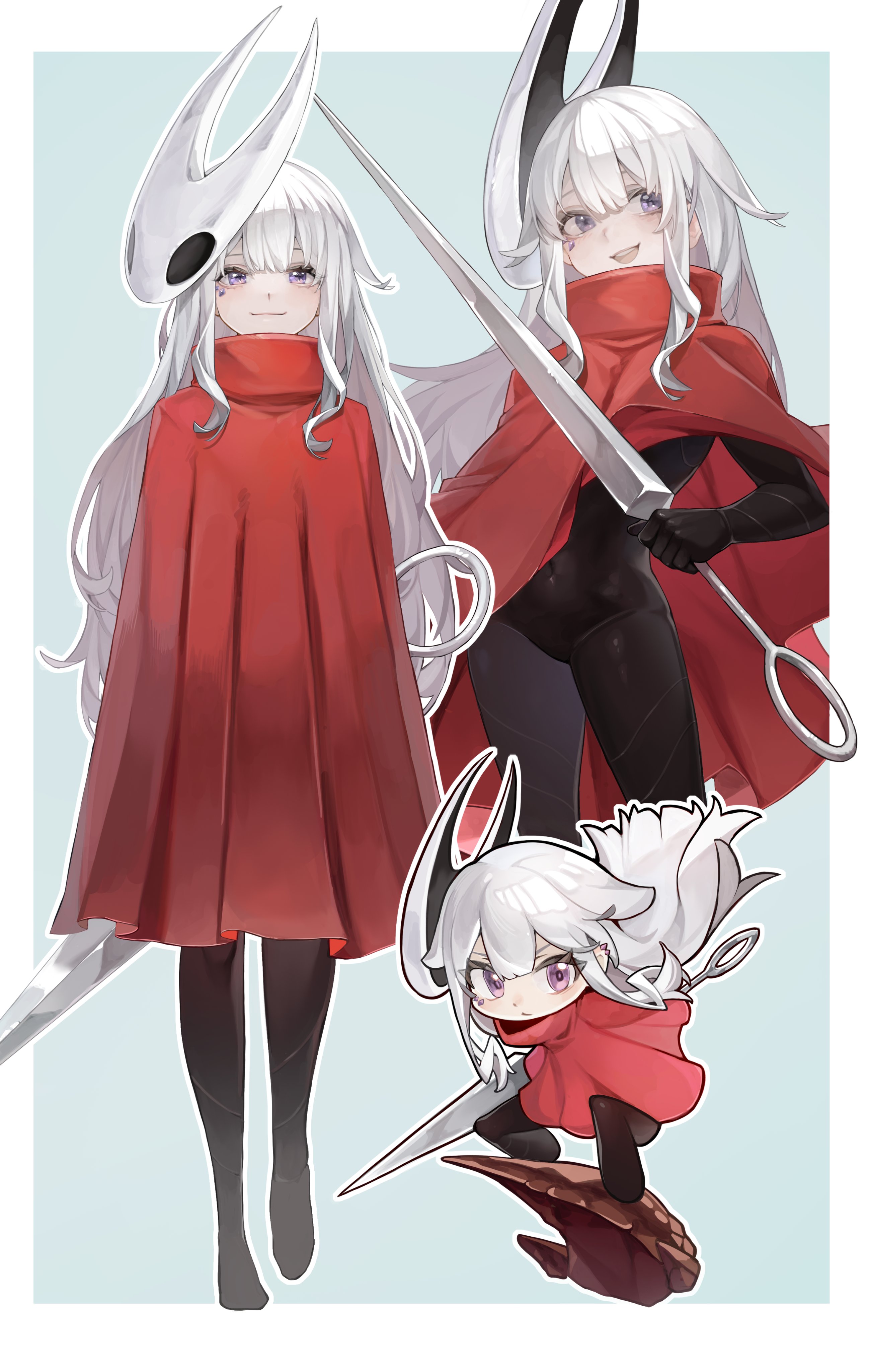 raresauce, hornet (hollow knight), koseki bijou, hollow knight, hollow knight: silksong, hololive, hololive english, absurdres, highres, 1girl, cloak, grey hair, holding, long hair, mask, needle (hollow knight), open mouth, purple hair, red cloak, standing, virtual youtuber, weapon