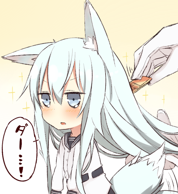 nonono mino, hibiki (kancolle), verniy (kancolle), kantai collection, commentary request, 1girl, animal ears, blue eyes, brushing another's hair, brushing hair, grey hair, kemonomimi mode, long hair, no headwear, school uniform, serafuku, sparkle, tail, tail wagging
