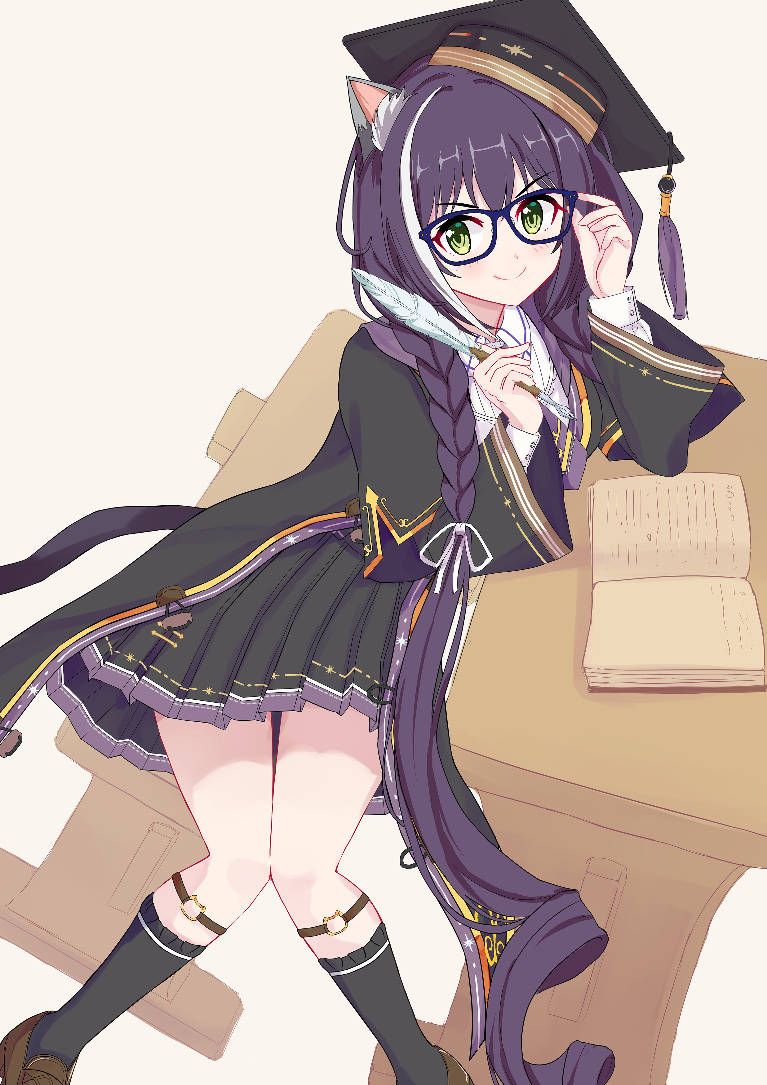 20020919, karyl (princess connect!), karyl (transfer student) (princess connect!), princess connect!, absurdres, highres, 1girl, adjusting eyewear, animal ear fluff, animal ears, black hair, black hat, black robe, black skirt, black socks, blue-framed eyewear, brown shoes, cat ears, cat girl, cat tail, closed mouth, desk, glasses, green eyes, hat, holding, holding quill, kneehighs, loafers, long hair, looking at viewer, mortarboard, quill, robe, school desk, shirt, shoes, skirt, smile, socks, solo, tail, tassel, very long hair, white shirt, white streaks, wooden desk