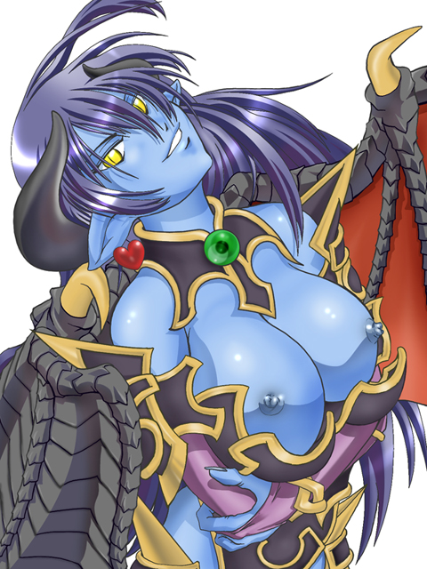 shinrabanshou, armor, blue skin, breasts, colored skin, elf, horns, long hair, pointy ears, wings