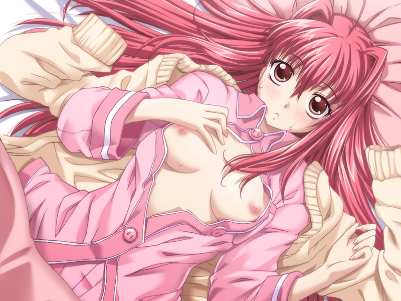 blush, breasts, long hair, open clothes, open shirt, shirt, sweat
