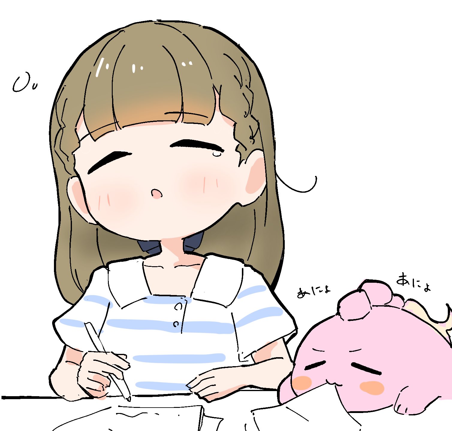 tazaki masanobu, anyoji hime, kachimachi kosuzu, link! like! love live!, love live!, highres, 1girl, :o, animal with hair, animalization, blue shirt, blush, braid, brown hair, center-flap bangs, closed eyes, collared shirt, holding, holding pen, long hair, mouth hold, multi-tied hair, paper, paper in mouth, pen, ponytail, seal (animal), shirt, short sleeves, side ahoge, side braids, simple background, sleepy, squeans, virtual youtuber, white background
