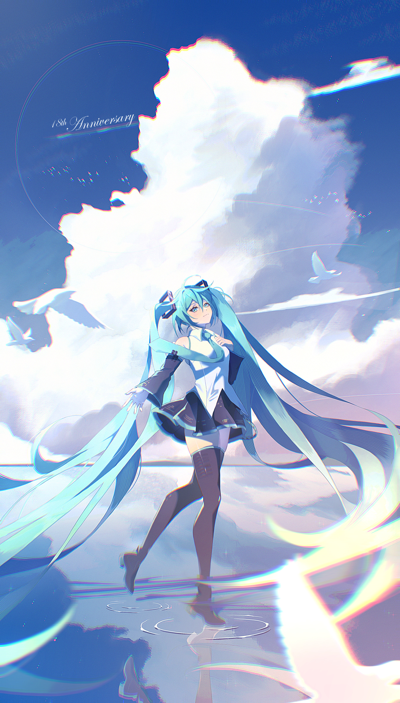 kmconceptart, hatsune miku, vocaloid, highres, 1girl, ahoge, aqua eyes, aqua hair, aqua necktie, aqua trim, bird, black skirt, boots, breasts, closed mouth, collared shirt, hair between eyes, hair ornament, hand on own chest, long hair, long sleeves, necktie, pleated skirt, shirt, skirt, sleeveless, sleeveless shirt, small breasts, smile, solo, thick thighs, thigh boots, thighhighs, thighs, twintails, very long hair, wading, walking, white shirt, wide sleeves, zettai ryouiki