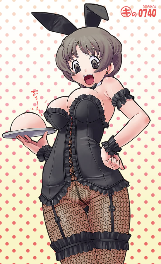 kei jiei, original, 1girl, animal ears, black eyes, blush, breasts, cameltoe, cleavage, cleft of venus, corset, cowboy shot, fake animal ears, female focus, fishnet pantyhose, fishnets, frilled thigh strap, frills, garter belt, large breasts, leotard, pantyhose, playboy bunny, pussy, rabbit ears, see-through clothes, short hair, solo, teeth, thigh strap, uncensored, upper teeth only, wedgie