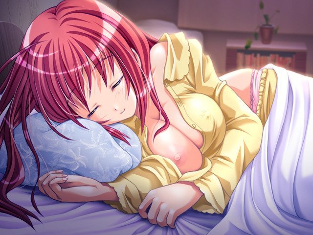 akaza, minami konoha, henshin!, game cg, 1girl, ahoge, bare shoulders, bed, bed sheet, blush, book, bookshelf, breast slip, breasts, cleavage, closed eyes, covered erect nipples, dutch angle, female focus, fingernails, indoors, lace, lace-trimmed panties, lace trim, large breasts, long fingernails, long hair, lying, nipple slip, nipples, no bra, off shoulder, on side, one breast out, open clothes, open shirt, pajamas, pajamas pull, panties, pillow, pink panties, plant, potted plant, red hair, sheet grab, shirt, sleeping, smile, solo, underwear