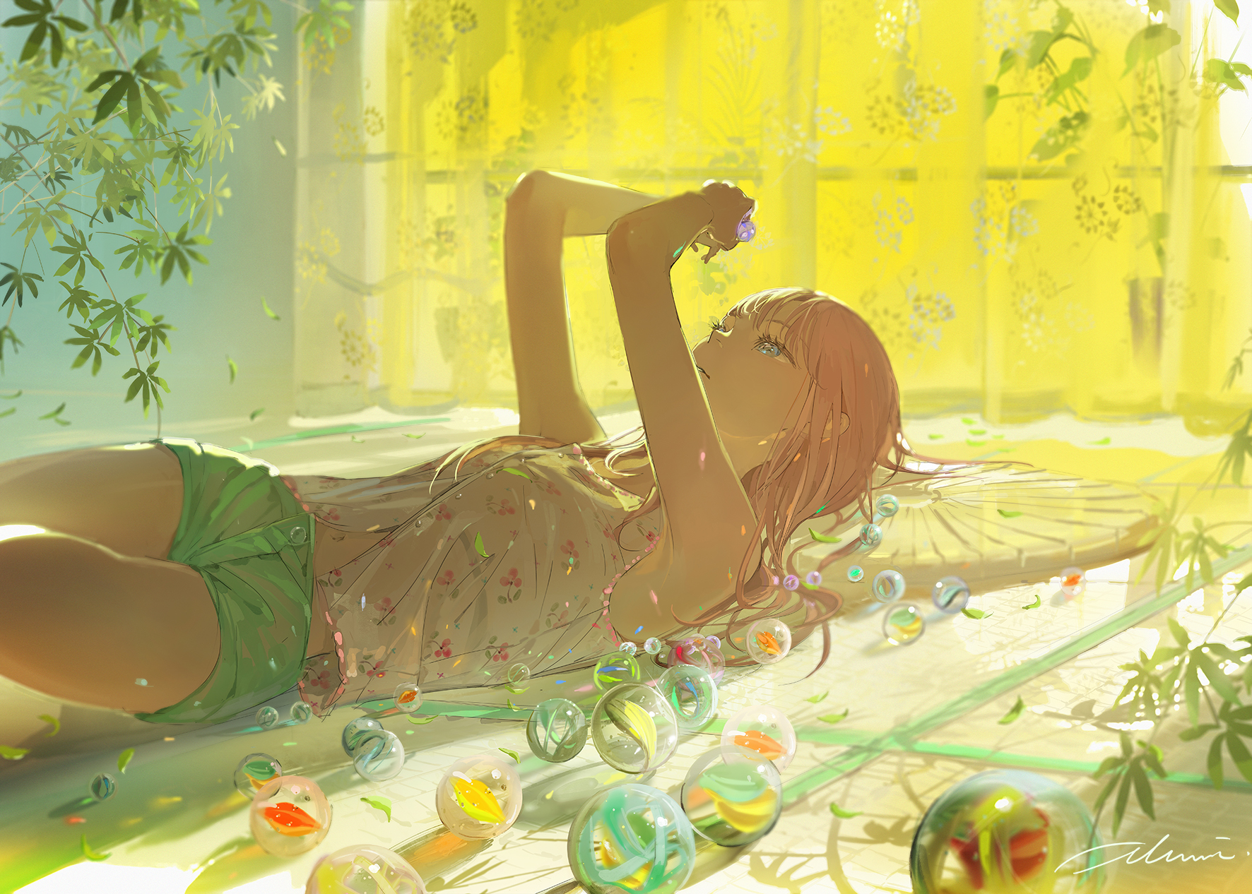 illumi999, original, highres, 1girl, armpits, arms up, bare arms, beads, blue eyes, camisole, eyelashes, floral print, green shorts, hair spread out, holding, indoors, long hair, looking up, lying, midriff peek, navel, on back, on floor, orb, parted lips, pink camisole, pink hair, short shorts, shorts, sleeveless, solo, sunlight, tatami