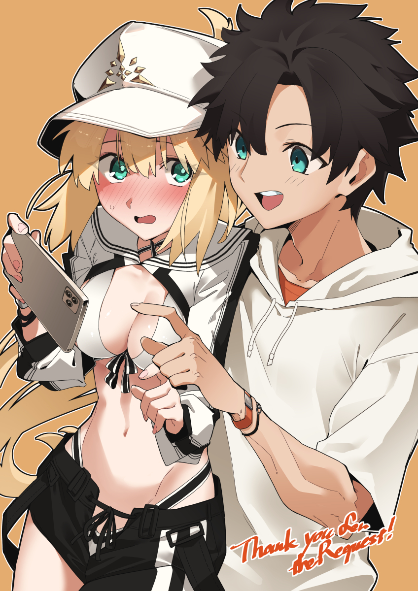 shiratama (siratama5656), artoria caster (fate), artoria caster (swimsuit berserker) (first ascension) (fate), artoria pendragon (fate), fujimaru ritsuka (male), fujimaru ritsuka (male) (summer street), fate/grand order, fate (series), commentary request, commission, highres, 1boy, 1girl, asymmetrical clothes, baseball cap, bikini, black hair, black pants, blonde hair, blush, breasts, brown background, cellphone, cropped jacket, green eyes, hat, holding, holding phone, hood, hood down, hoodie, jacket, long hair, looking at another, medium breasts, navel, pants, phone, short hair, simple background, single pantsleg, smile, stomach, swimsuit, white bikini, white hat, white jacket