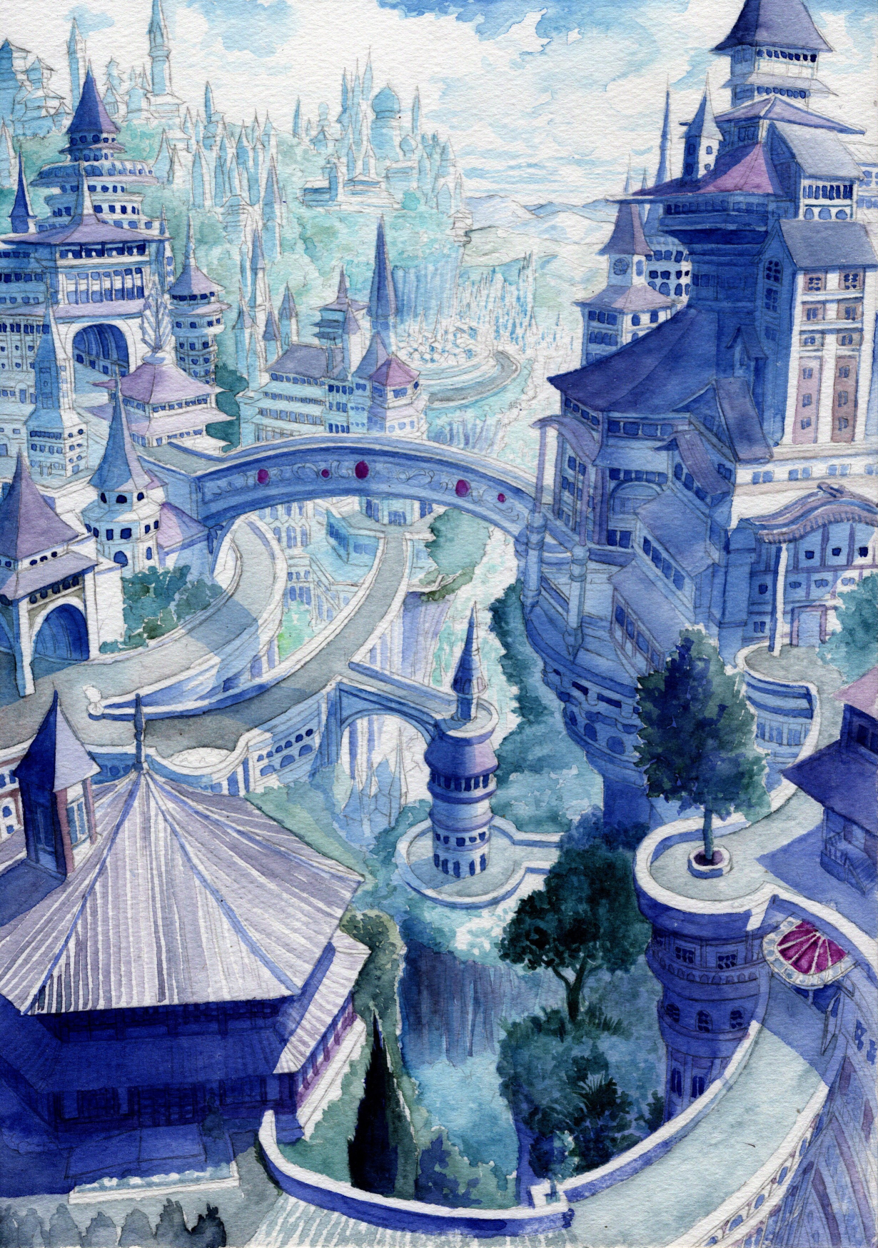 kyuui, original, commentary request, highres, painting (medium), traditional media, watercolor (medium), bridge, building, day, no humans, outdoors, road, scenery, spire, town, tree