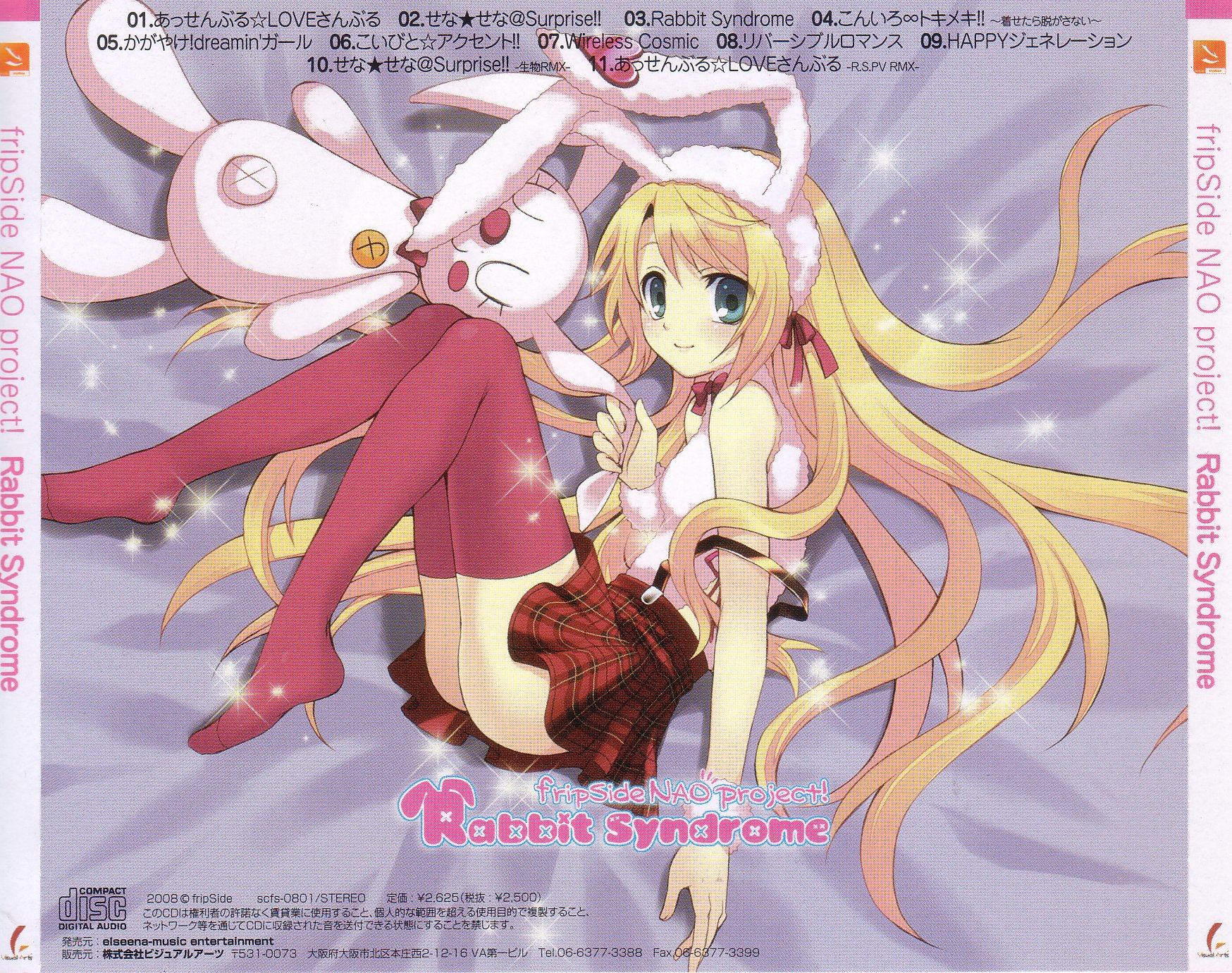 highres, scan, 1girl, animal ears, ass, blonde hair, blush, closed mouth, fake animal ears, female focus, green eyes, happy, long hair, looking at viewer, rabbit ears, rabbit syndrome, skirt, smile, solo, stuffed animal, stuffed rabbit, stuffed toy, tail, thighhighs, very long hair