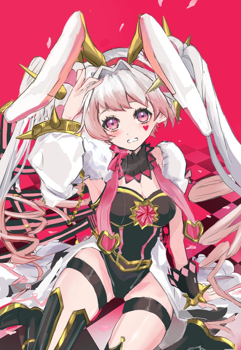 noppe, maliss <p> white rabbit, yu-gi-oh!, 1girl, animal ears, asymmetrical clothes, asymmetrical legwear, black leotard, breasts, cleavage, duel monster, gradient hair, leotard, long hair, medium breasts, multicolored hair, pink eyes, pink hair, rabbit ears, rabbit girl, solo, spiked wristband, thigh strap, twintails, very long hair, white hair, wrist cuffs