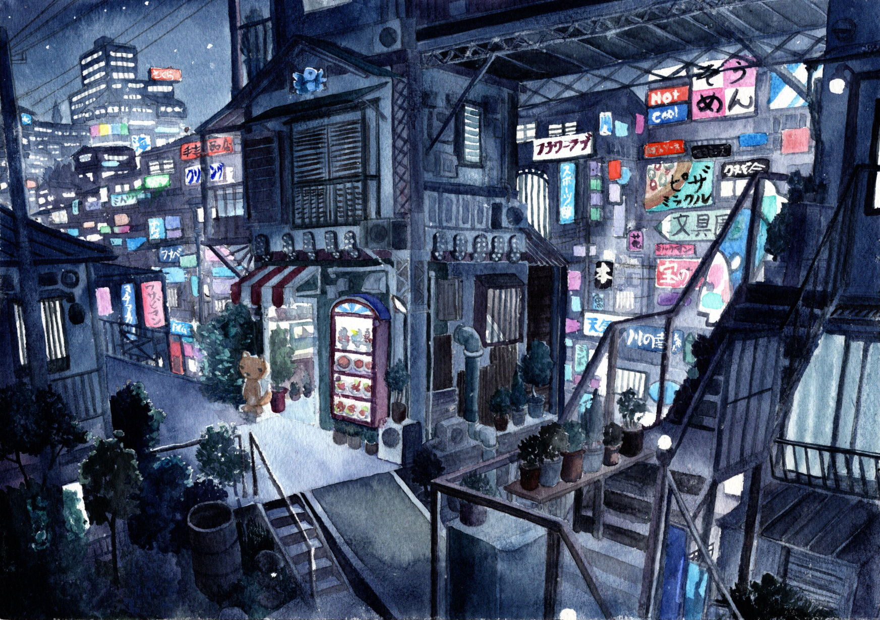 kyuui, original, commentary request, highres, painting (medium), traditional media, watercolor (medium), awning, building, city lights, cityscape, night, no humans, outdoors, path, plant, potted plant, power lines, road, scenery, shop, stairs, utility pole