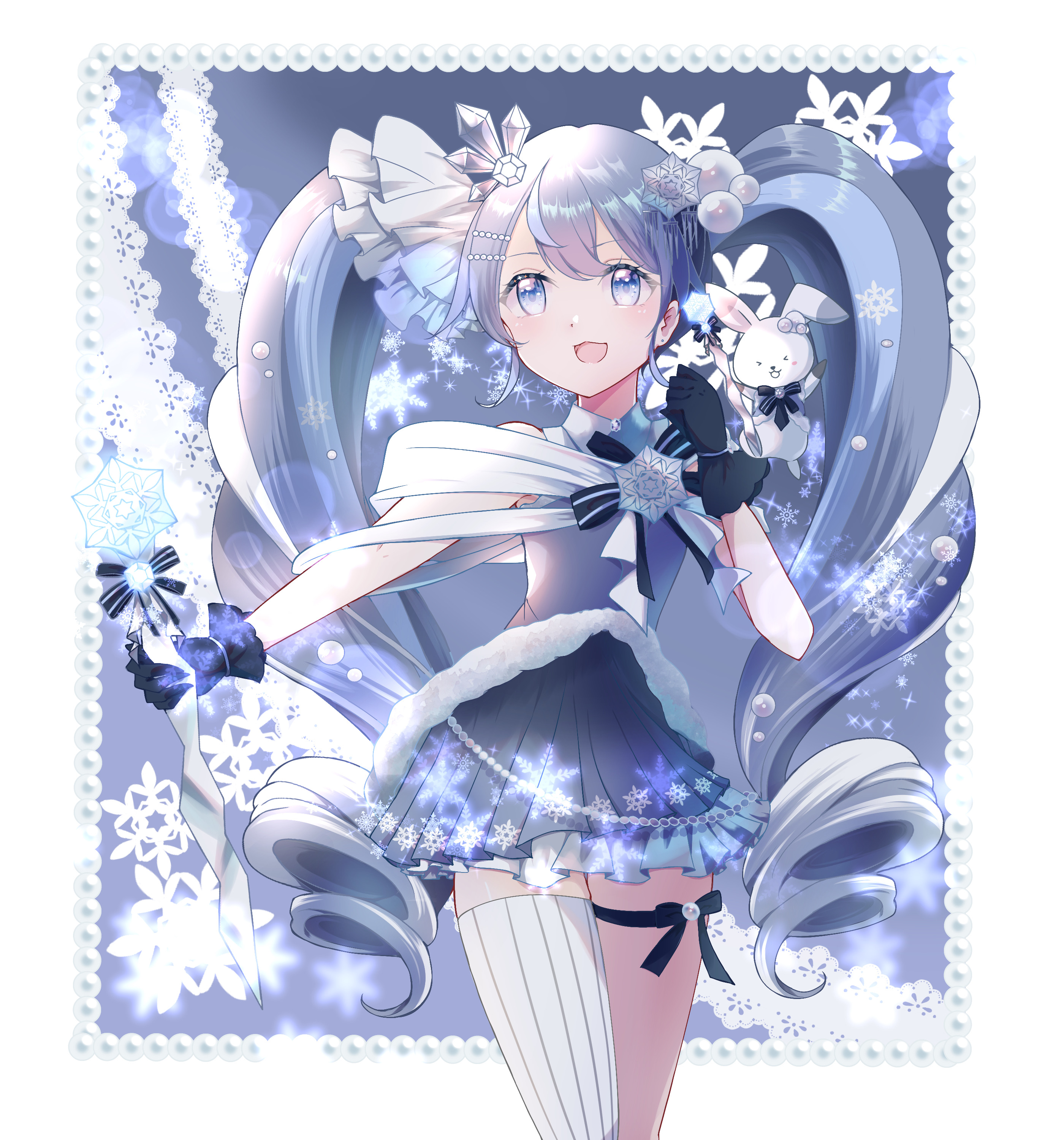 siquartz22, hatsune miku, rabbit yukine, yuki miku, yuki miku (2025), vocaloid, absurdres, highres, 1girl, 1other, asymmetrical legwear, black gloves, blue eyes, blue hair, blue skirt, crystal hair ornament, dress, gloves, hair ornament, holding, holding wand, long hair, official alternate costume, official alternate hairstyle, open mouth, pleated skirt, rabbit, single thighhigh, skirt, sleeveless, sleeveless dress, smile, snowflake hair ornament, snowflake ornament, snowflake print, thigh strap, thighhighs, twintails, very long hair, wand, white hair, white thighhighs