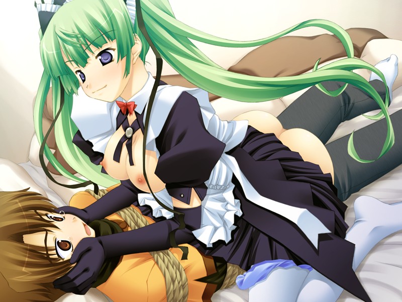 homura yukine, tsuchimochi riku, emupii maid promotion master, game cg, 1boy, 1girl, ass, bdsm, blush, bondage, bound, breasts, breasts out, brown hair, femdom, functionally nude, green hair, long hair, maid, nipples, no shoes, open clothes, open shirt, panties, panties around leg, panty pull, shirt, thighhighs, twintails, underwear
