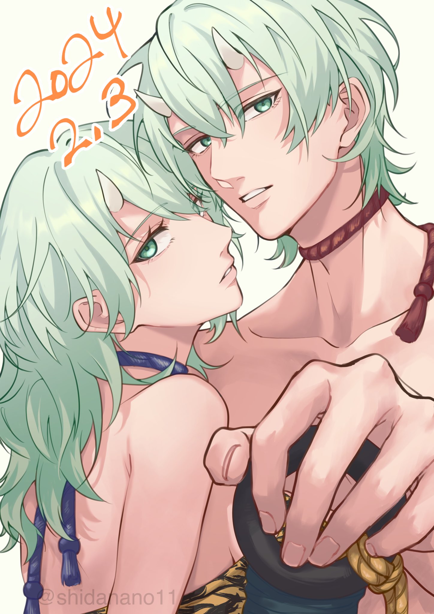 shidanano11, female byleth (enlightened) (fire emblem), female byleth (fire emblem), male byleth (enlightened) (fire emblem), male byleth (fire emblem), fire emblem, fire emblem: three houses, nintendo, commentary request, highres, 1boy, 1girl, alternate costume, bare shoulders, dated, fake horns, fingernails, green eyes, green hair, height difference, holding, holding weapon, horns, lips, long hair, looking at viewer, oni costume, parted lips, short hair, simple background, twitter username, weapon, white background, white horns