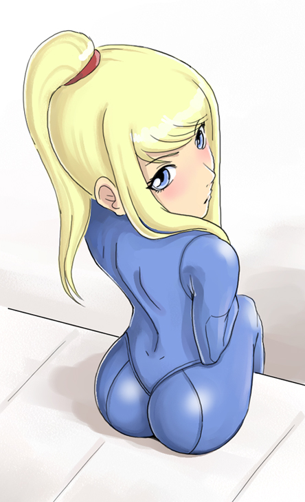 samus aran, metroid, nintendo, 1girl, ass, back, blonde hair, blue eyes, blush, bodysuit, dimples of venus, female focus, long hair, looking back, ponytail, shiny clothes, sitting, skin tight, solo, spandex, zero suit