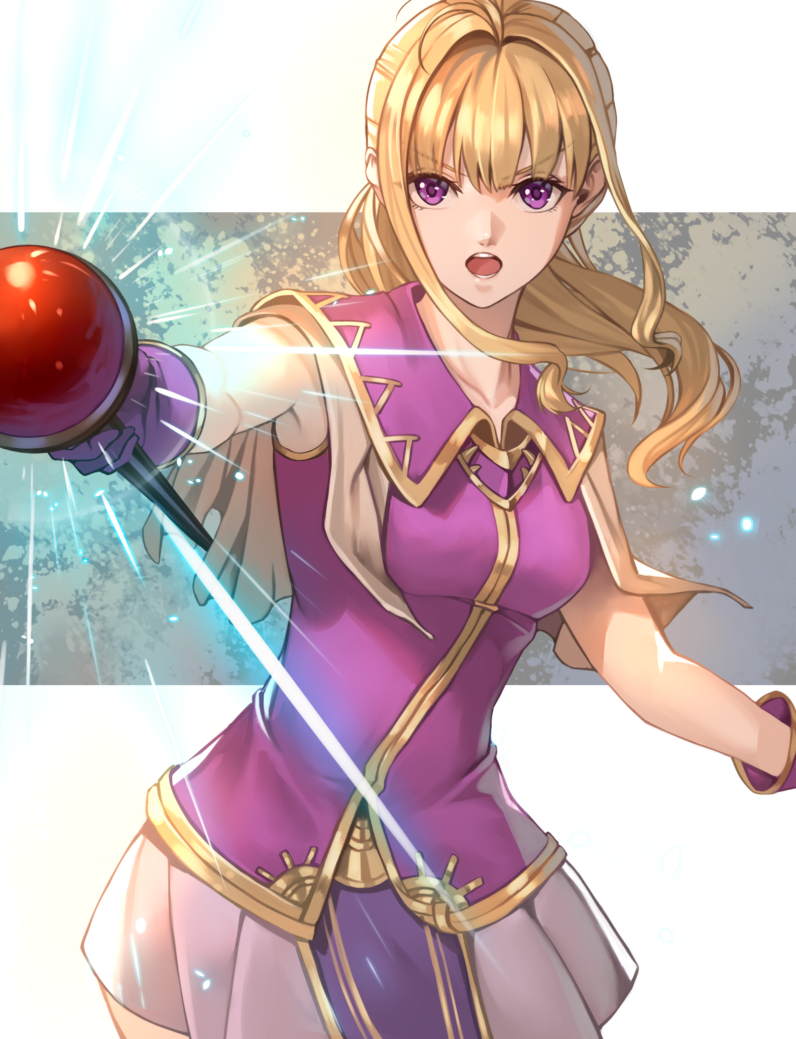 delsaber, clarine (fire emblem), fire emblem, fire emblem: the binding blade, nintendo, commentary, highres, 1girl, armpit peek, armpits, blonde hair, breasts, cowboy shot, dress, gloves, holding, holding staff, long hair, looking at viewer, medium breasts, open mouth, outstretched arms, ponytail, purple eyes, purple gloves, short dress, short sleeves, solo, spread arms, staff