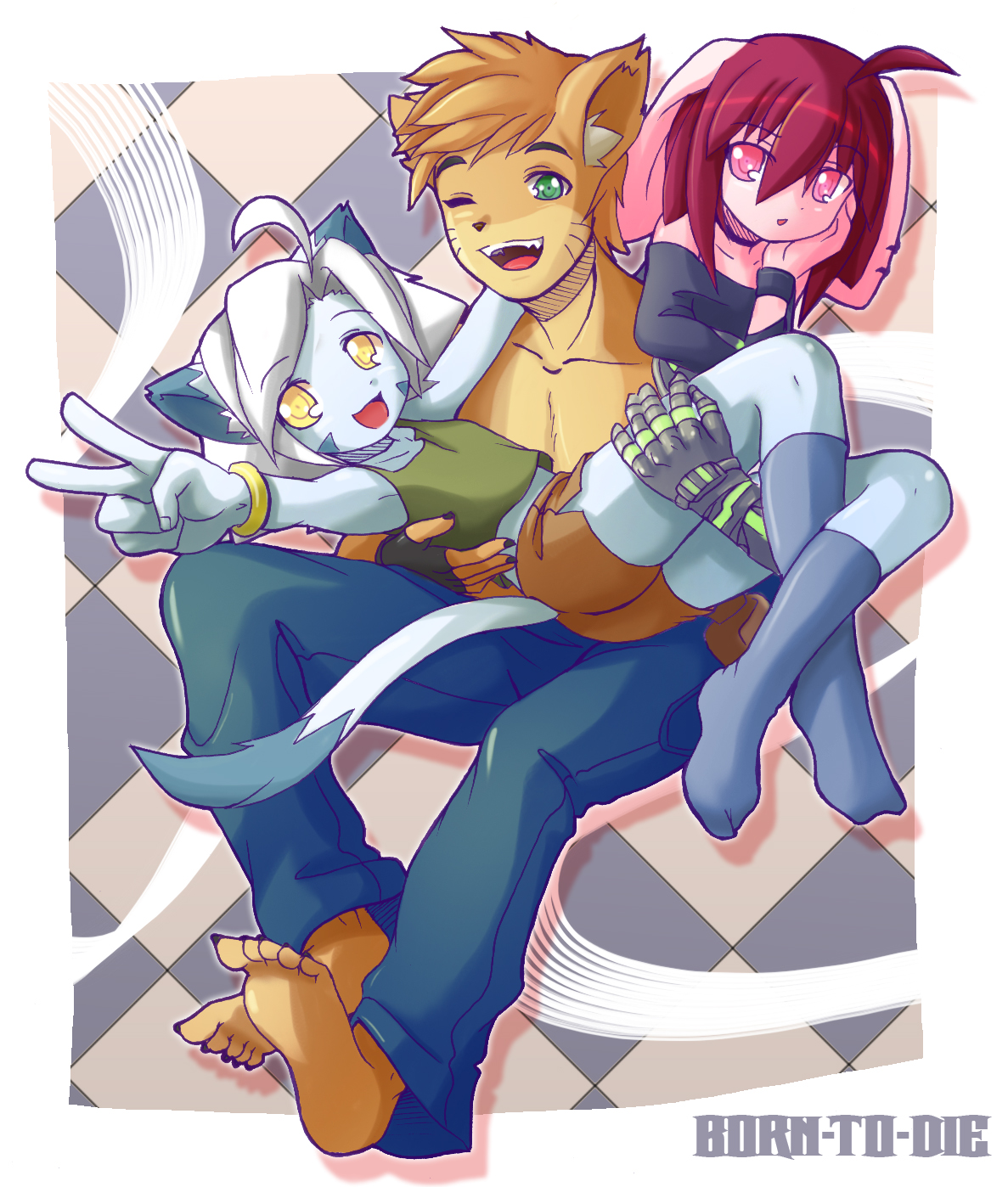 born-to-die, original, highres, 1boy, 2girls, ahoge, animal ears, brown hair, carrying, cat boy, cat ears, cat girl, cat tail, cyborg, everyone, furry, green eyes, happy, long hair, looking at viewer, multiple girls, open mouth, rabbit girl, raised eyebrow, red hair, short hair, sitting, smile, tail, v, white hair, yellow eyes