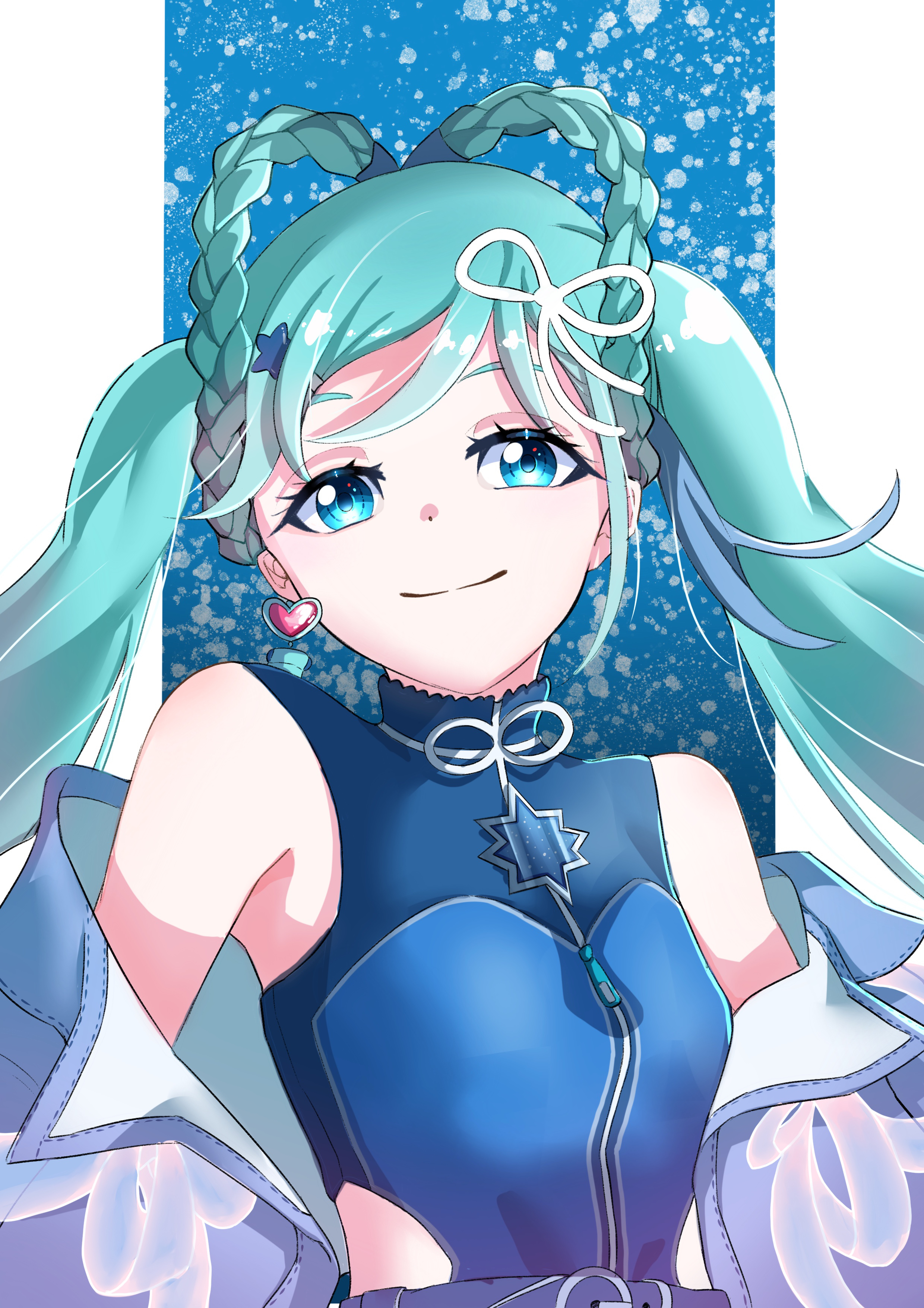 hatsune miku, magical mirai miku, magical mirai miku (2025), magical mirai (vocaloid), vocaloid, absurdres, highres, 1girl, aqua hair, blue eyes, blue jacket, braid, braided hair rings, breasts, crop top, earrings, hair rings, heart, heart earrings, jacket, jewelry, long hair, massy 7373, medium breasts, miku day, official alternate costume, official alternate hairstyle, open clothes, open jacket, shirt, single earring, sleeveless, sleeveless shirt, solo, twintails, upper body, very long hair