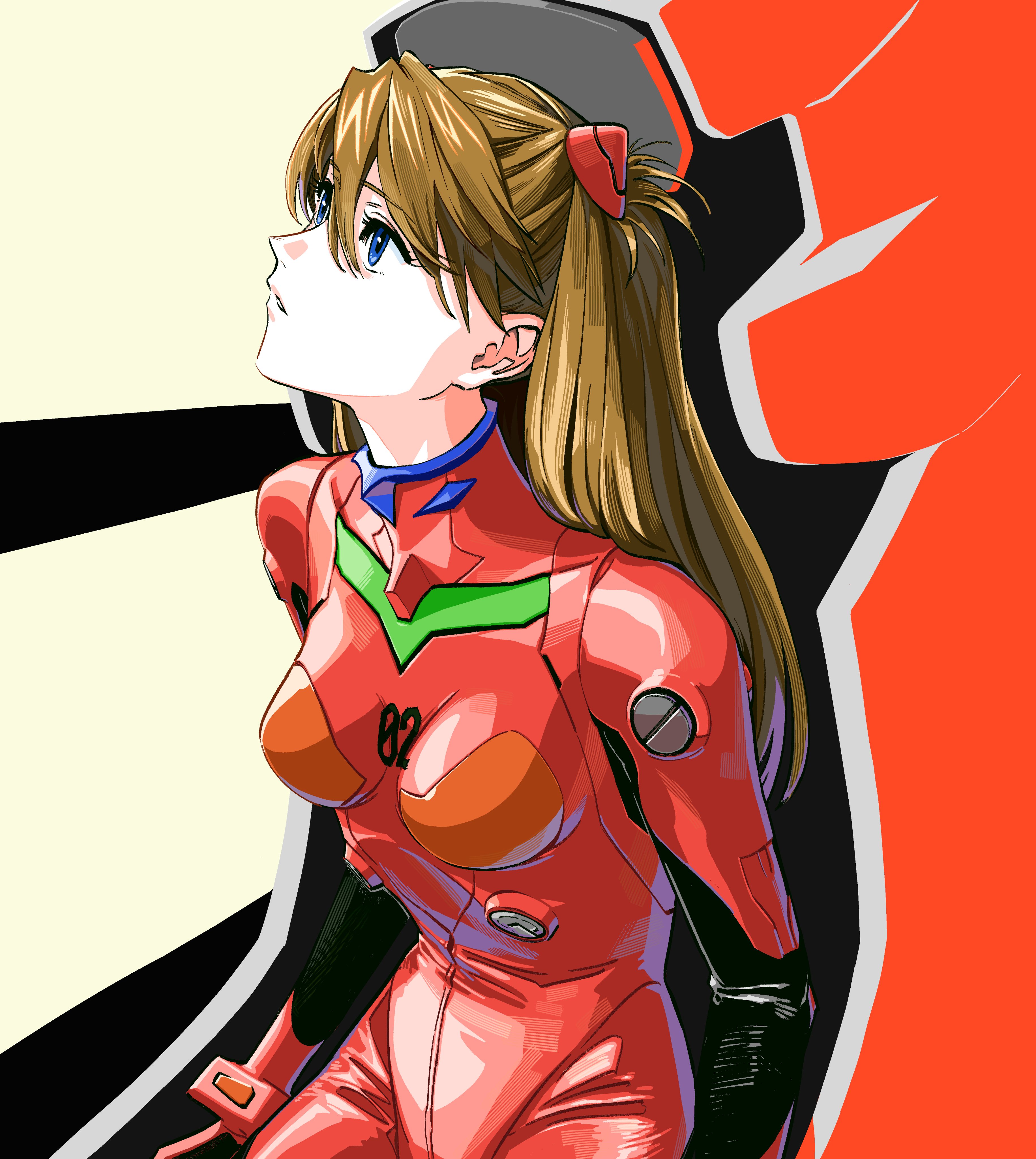 tanaka hirotaka, souryuu asuka langley, neon genesis evangelion, absurdres, highres, 1girl, blue eyes, bodysuit, breasts, hair ornament, long hair, mecha pilot suit, medium breasts, orange hair, red bodysuit, solo