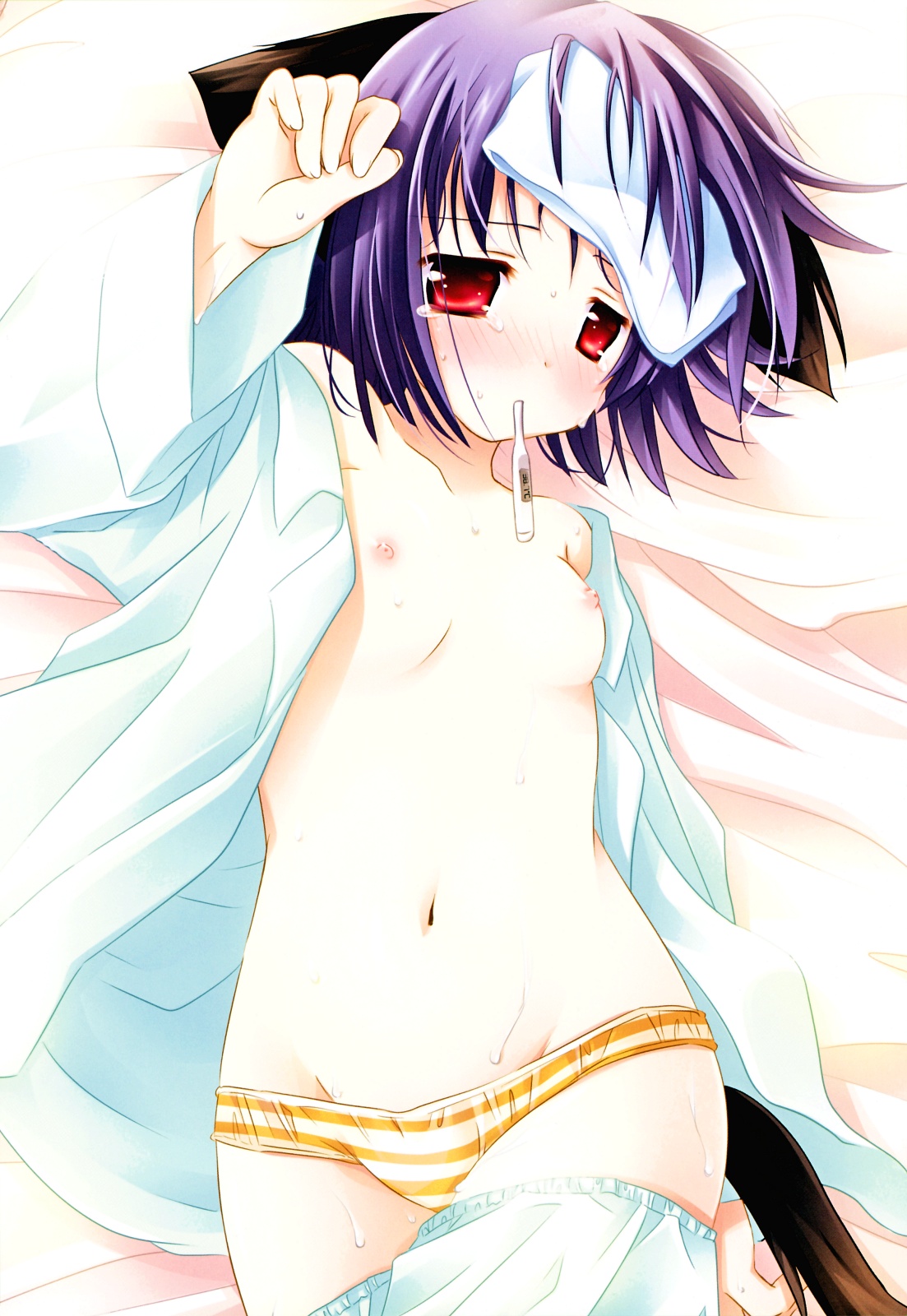 natsume eri, highres, animal ears, blush, dog ears, open clothes, open shirt, panties, shirt, short hair, sick, sweat, tail, underwear