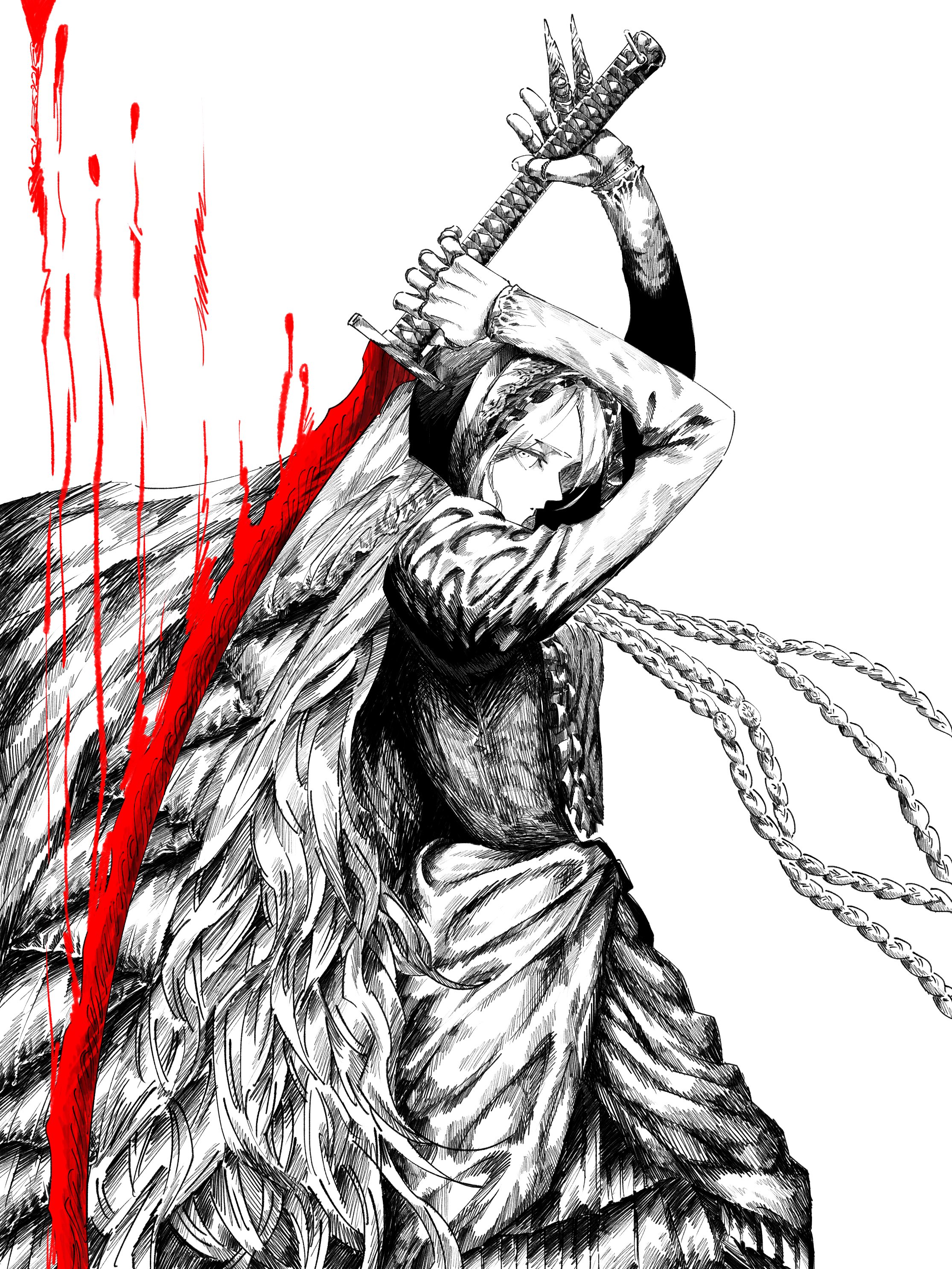 yukinaga (eruserion), revenant (elden ring), elden ring, elden ring nightreign, absurdres, highres, 1girl, arms up, blood, bonnet, braid, closed mouth, cowboy shot, doll joints, dress, greyscale, holding, holding sword, holding weapon, huge weapon, joints, katana, long hair, long sleeves, looking at viewer, low twin braids, monochrome, profile, solo, spot color, standing, sword, twin braids, very long hair, weapon