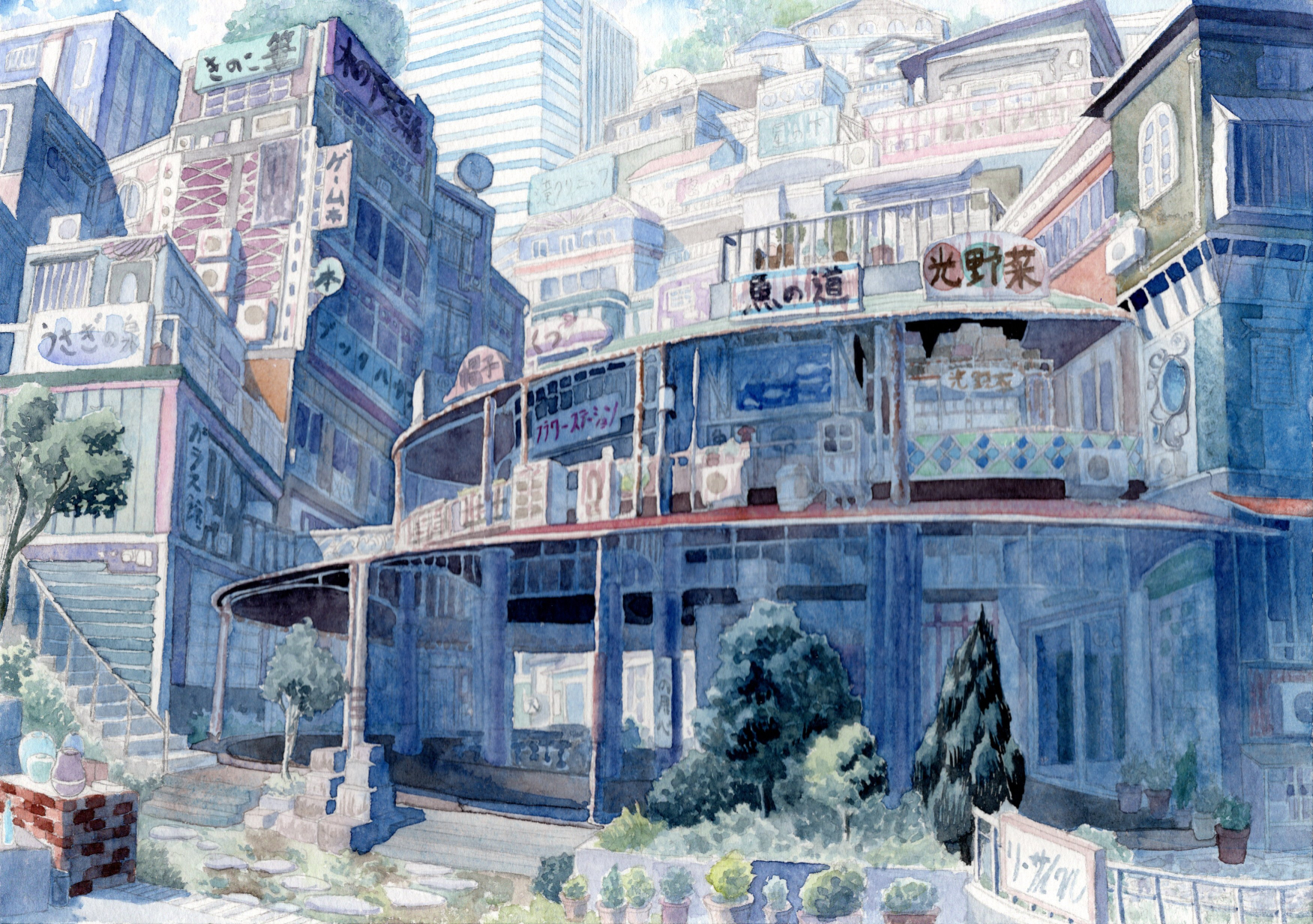 kyuui, original, commentary request, highres, painting (medium), traditional media, watercolor (medium), building, cityscape, day, no humans, outdoors, plant, potted plant, scenery, school uniform, shop, stairs, tree